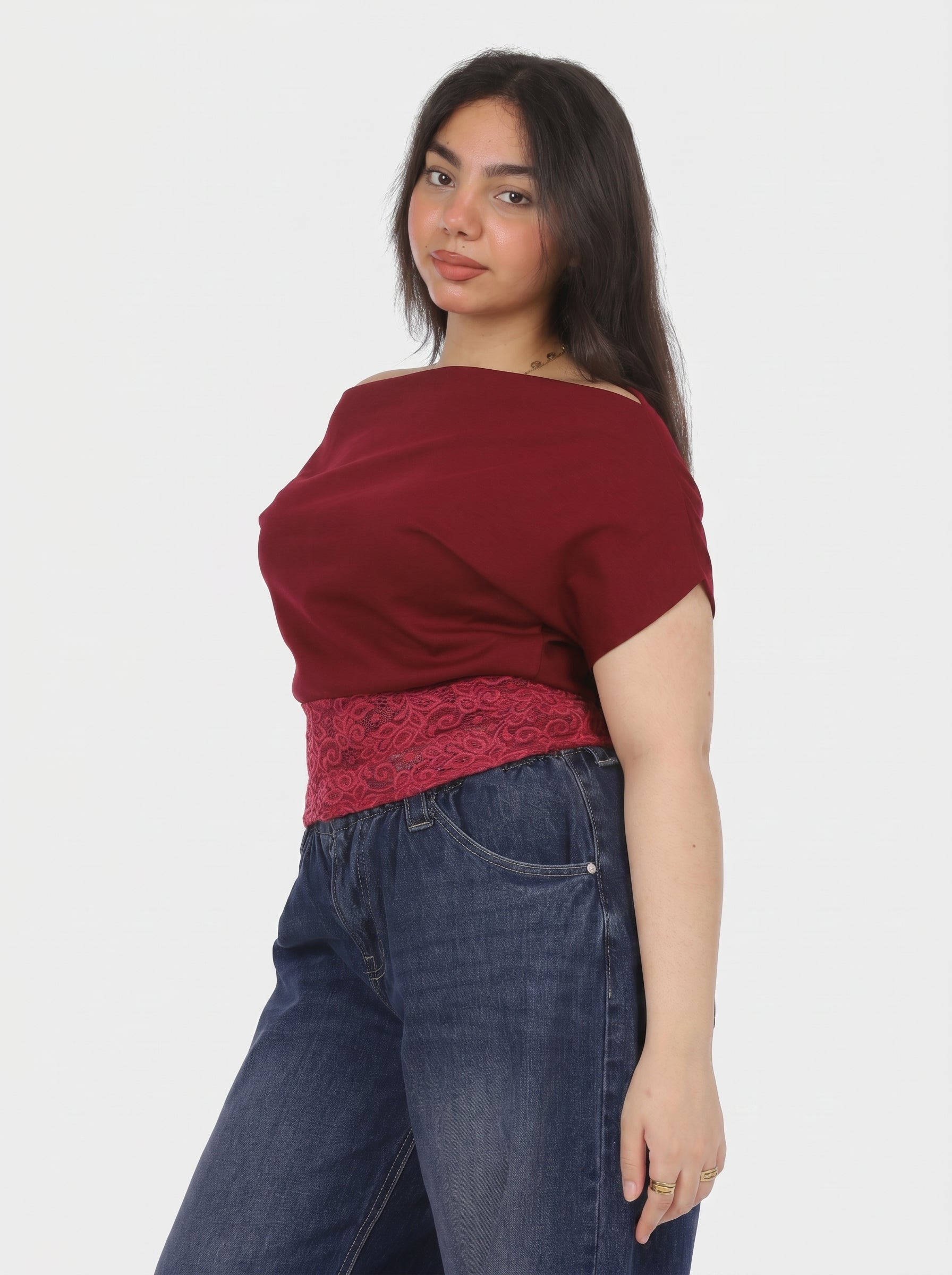 One-Shoulder Lace Waist Blouse 2091307