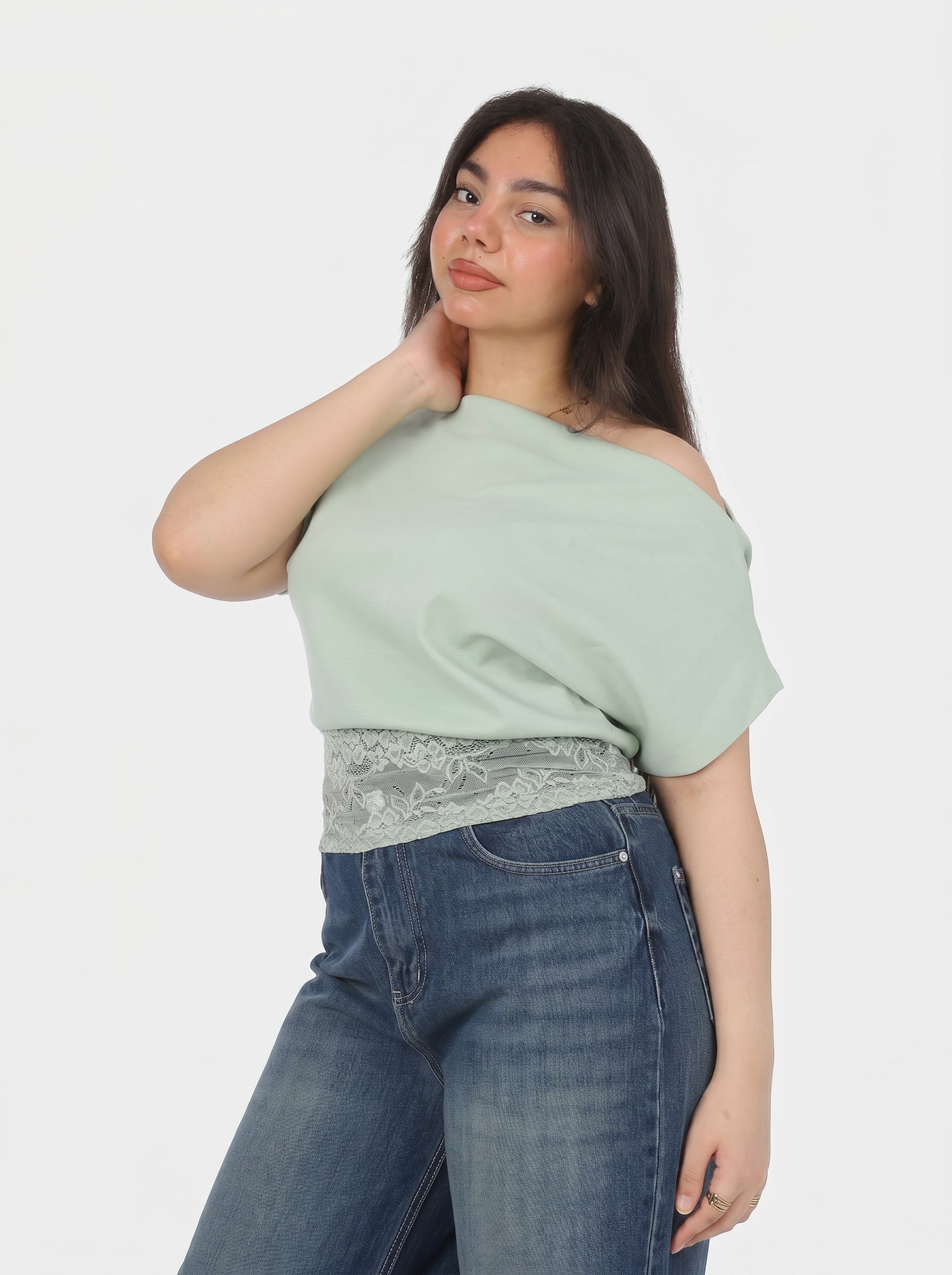 One-Shoulder Lace Waist Blouse 2091307