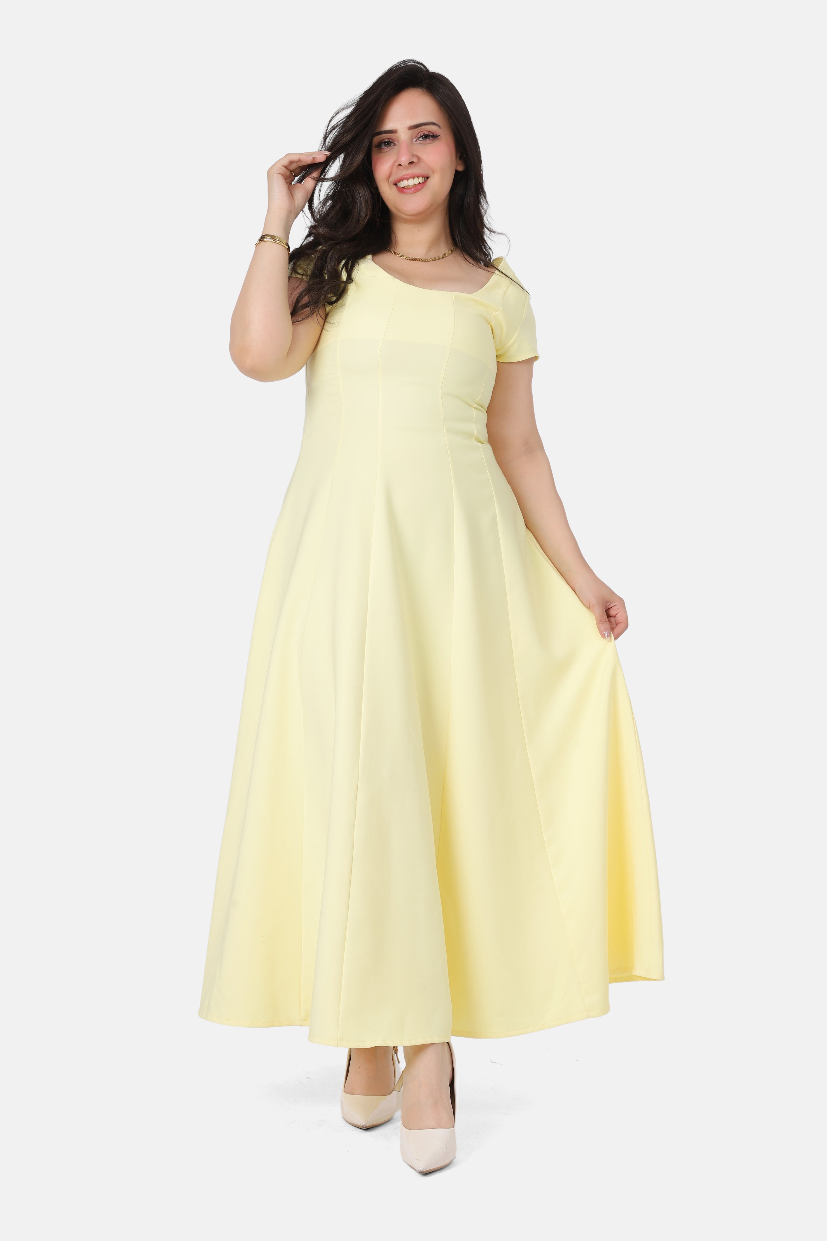Long Dress with Round Neck and Short Sleeves 209210096