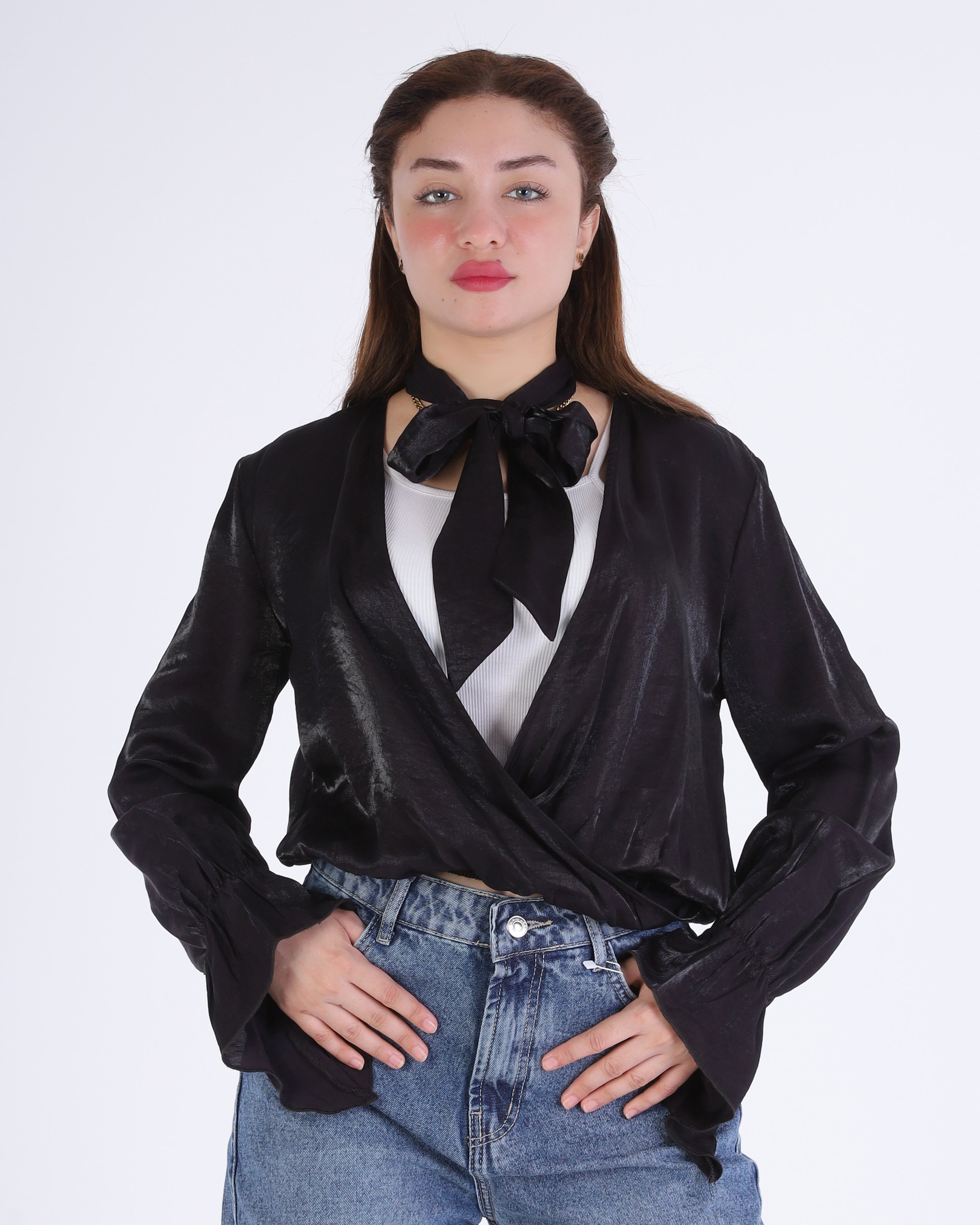 Elegant Cropped Blouse with Neck Tie 209210102