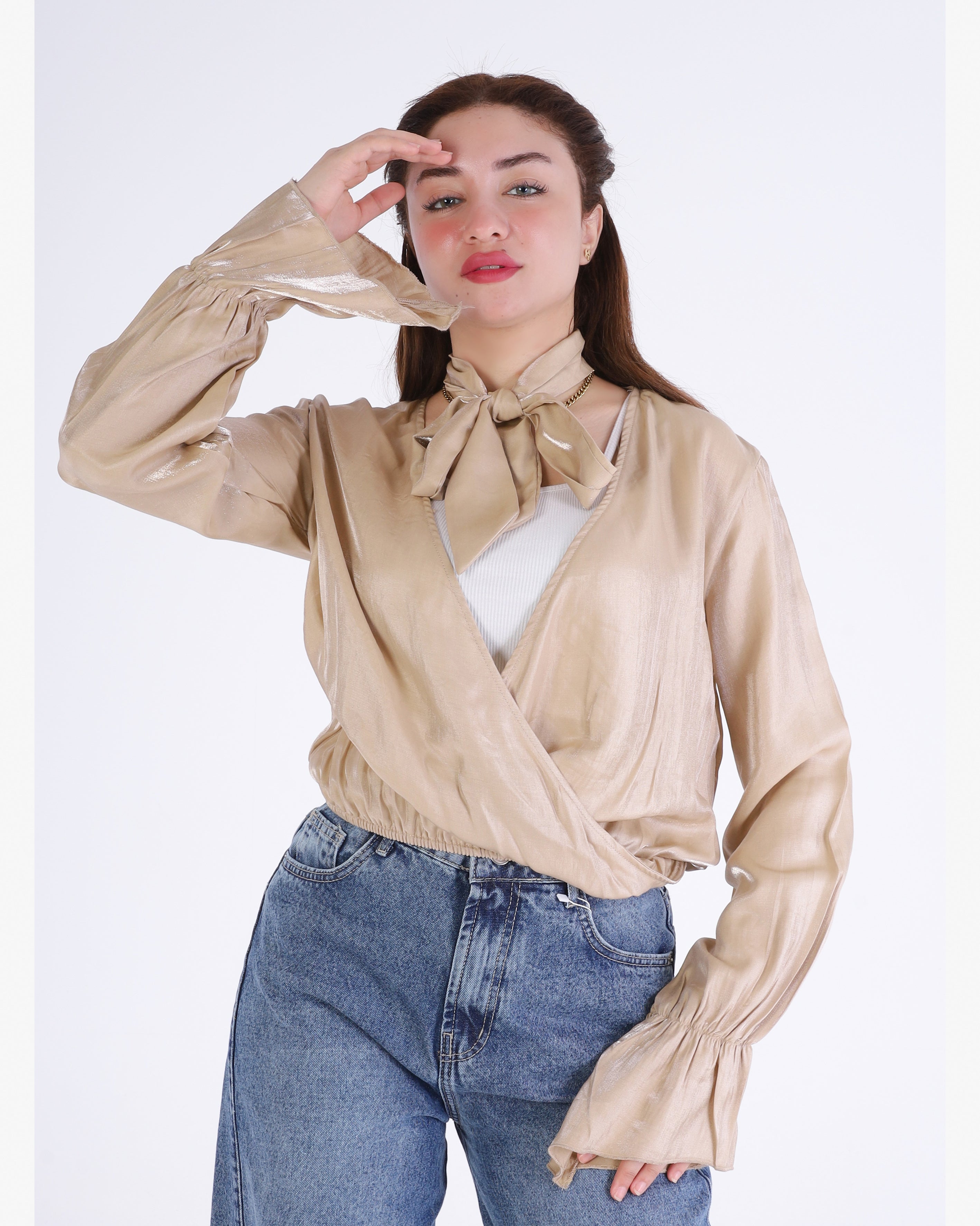 Elegant Cropped Blouse with Neck Tie 209210102