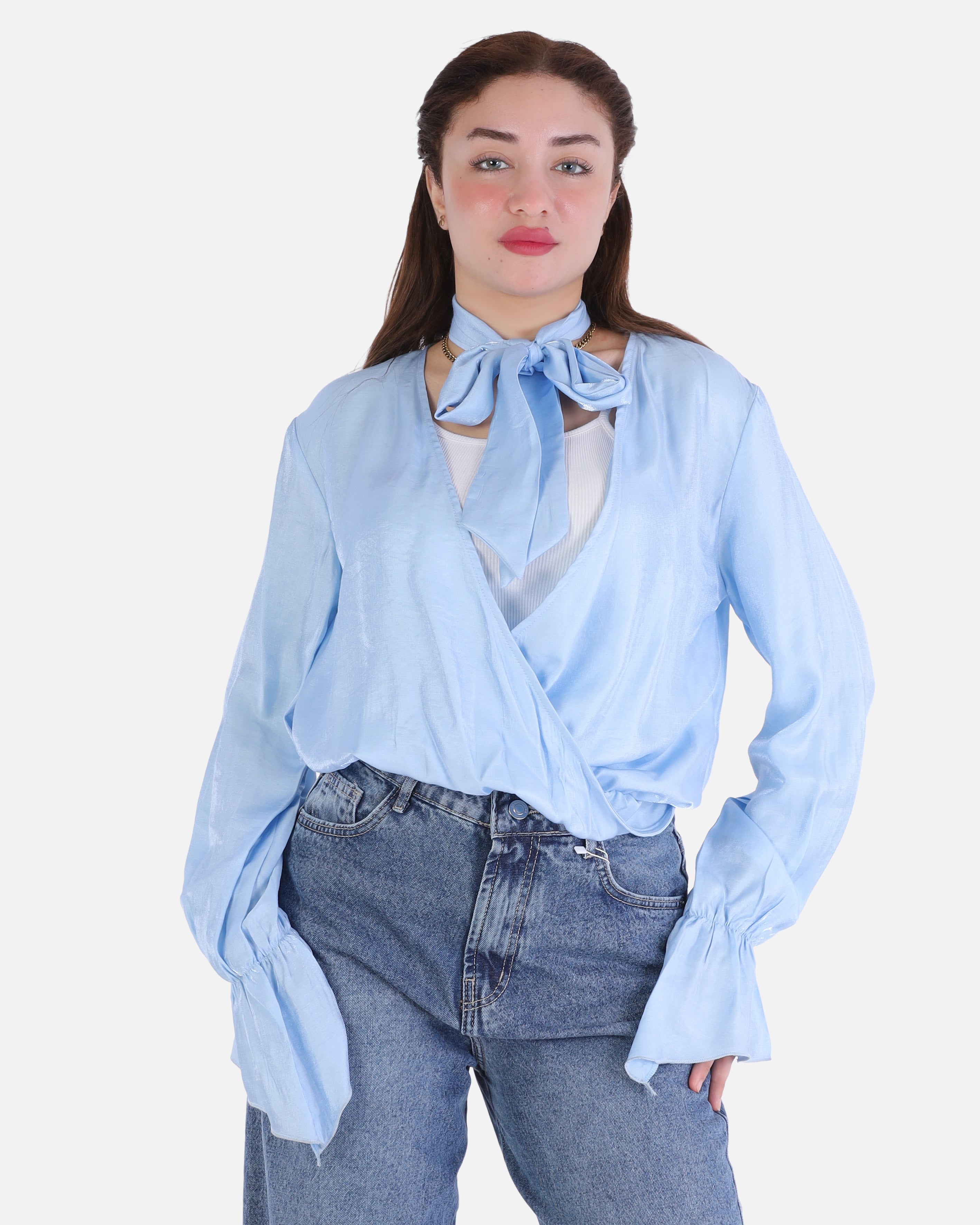 Elegant Cropped Blouse with Neck Tie 209210102