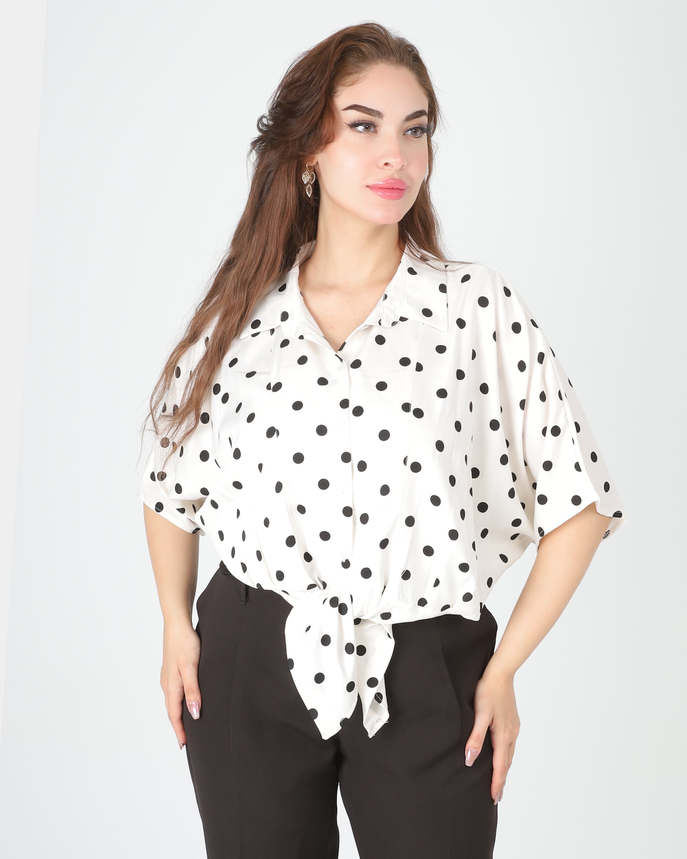 Polka Dot Button-Front Half Sleeve Blouse 209210128