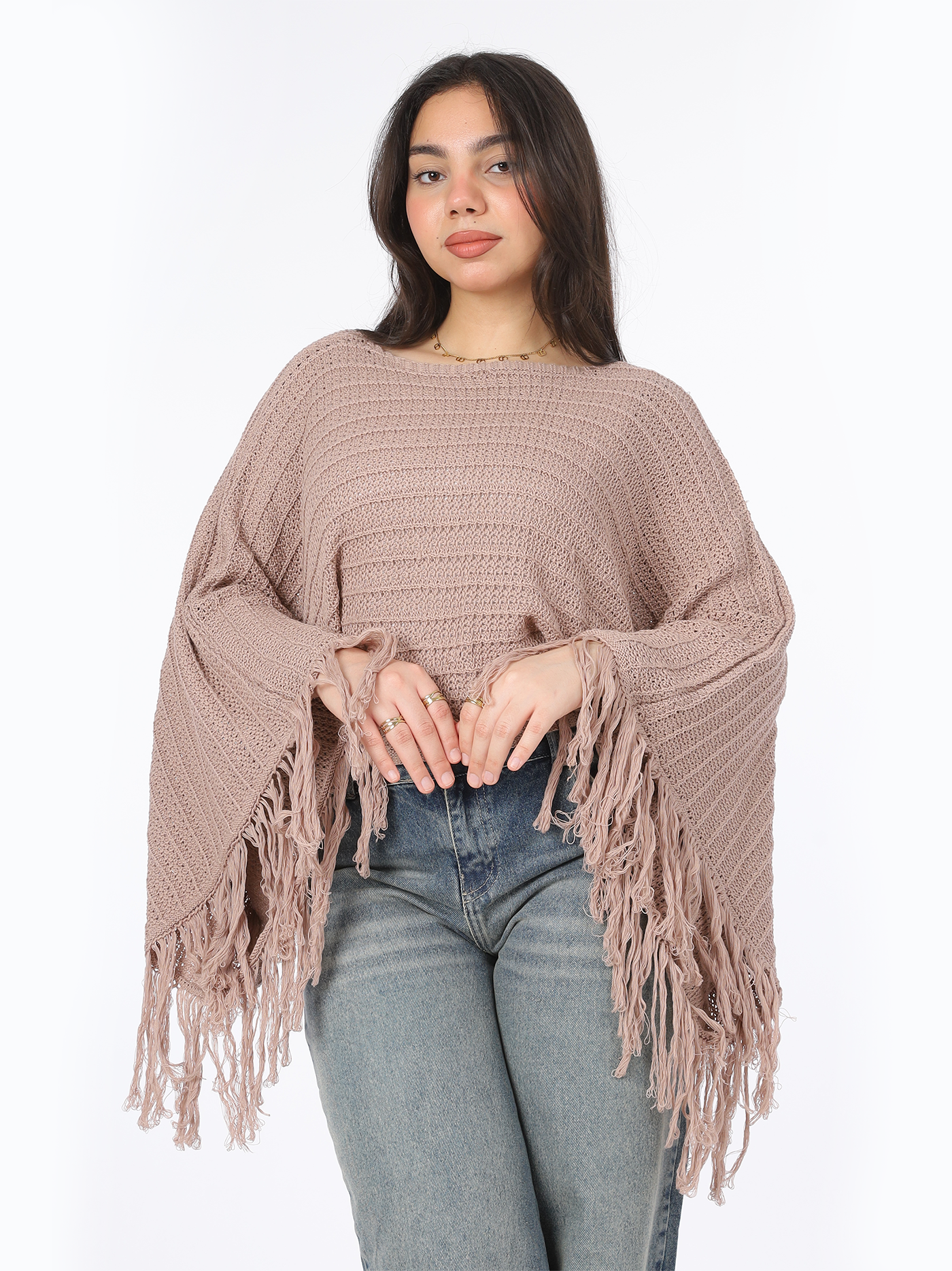 Long Sleeve Poncho with Fringe Details 20924036