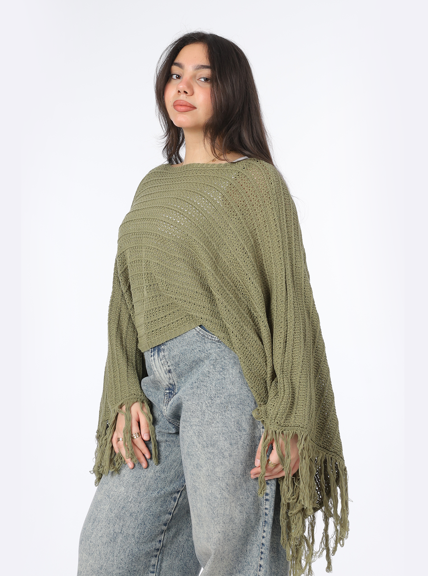Long Sleeve Poncho with Fringe Details 20924036