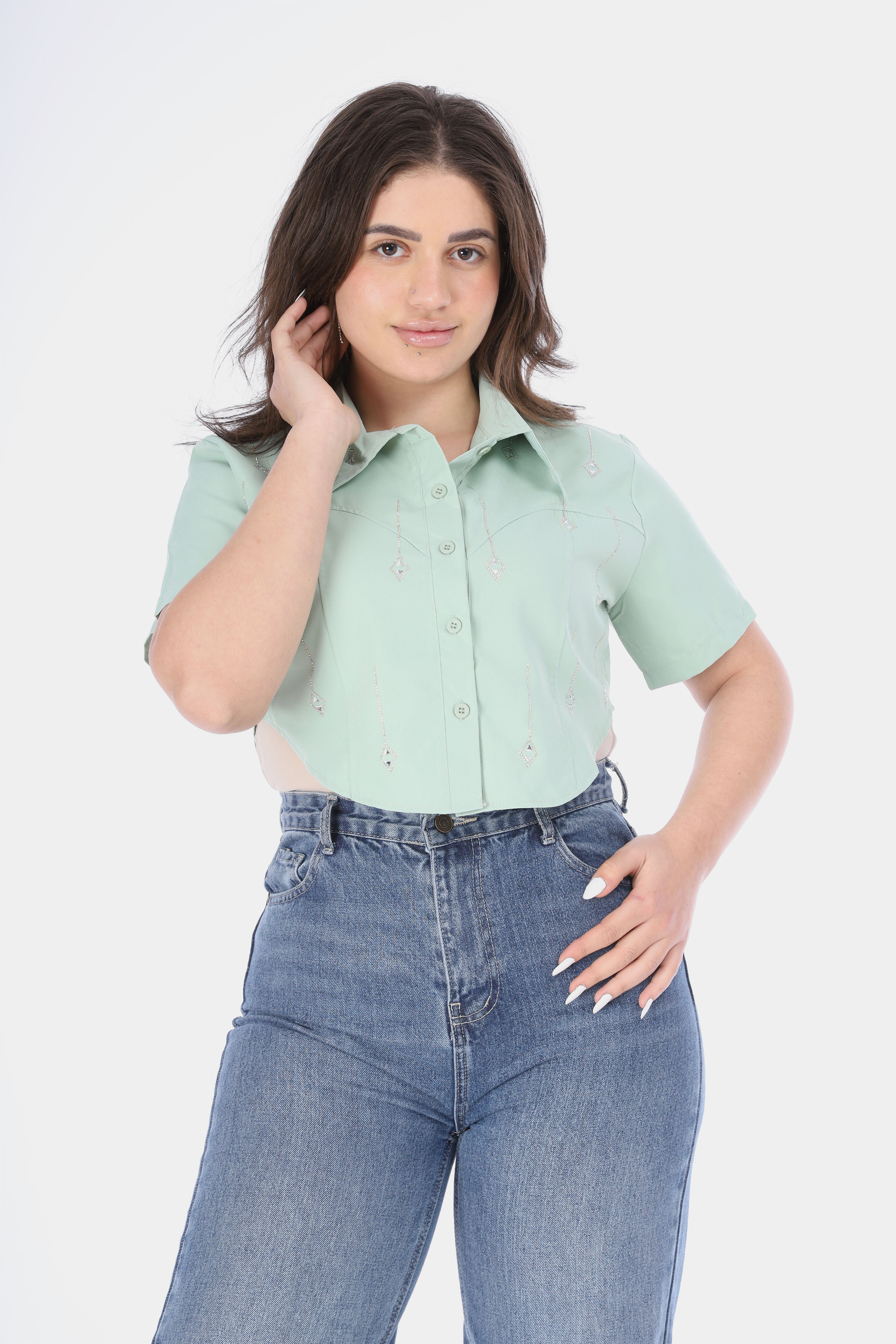 Embellished Short Sleeve Cropped Button-Up 20962545