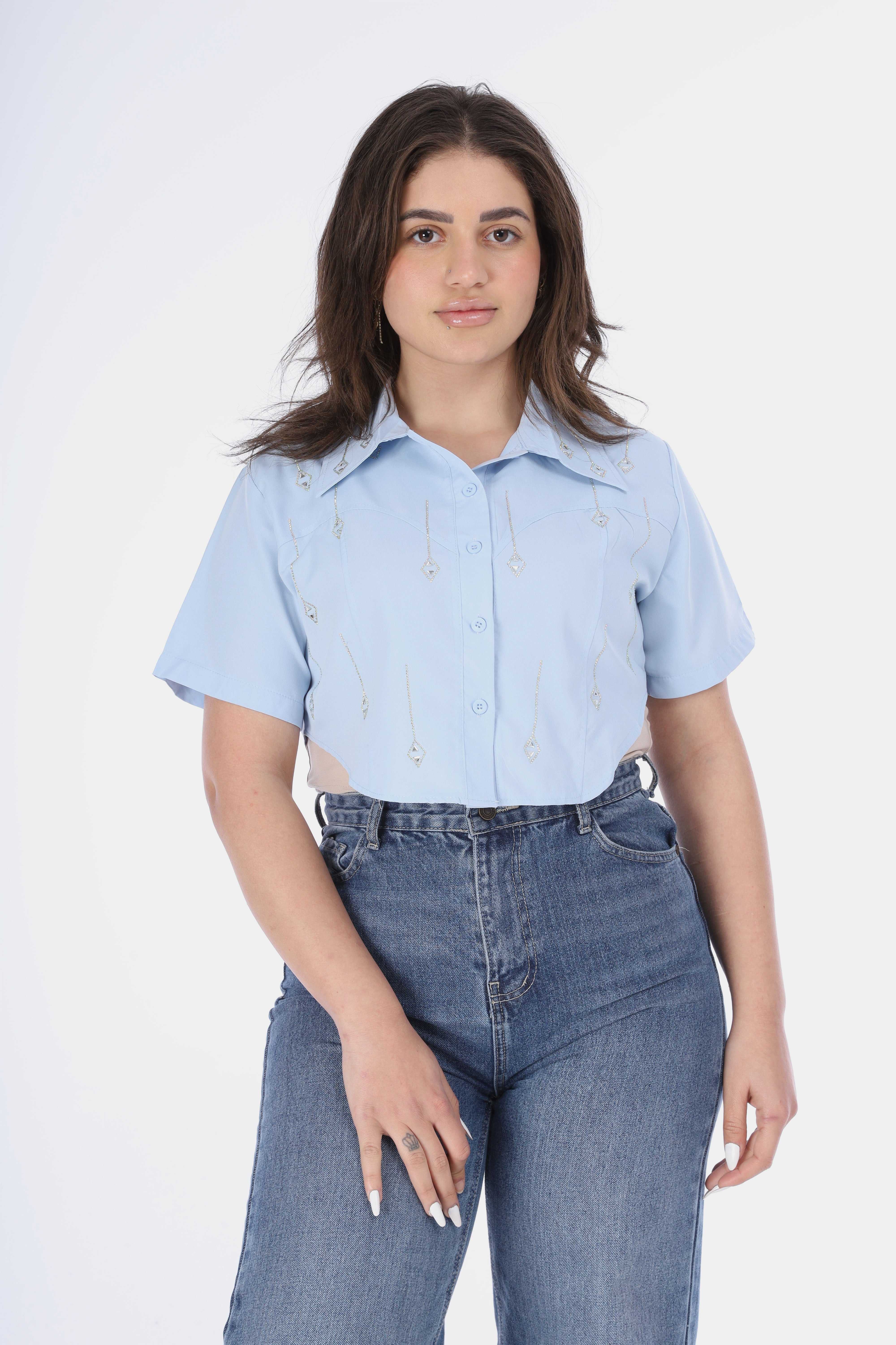 Embellished Short Sleeve Cropped Button-Up 20962545