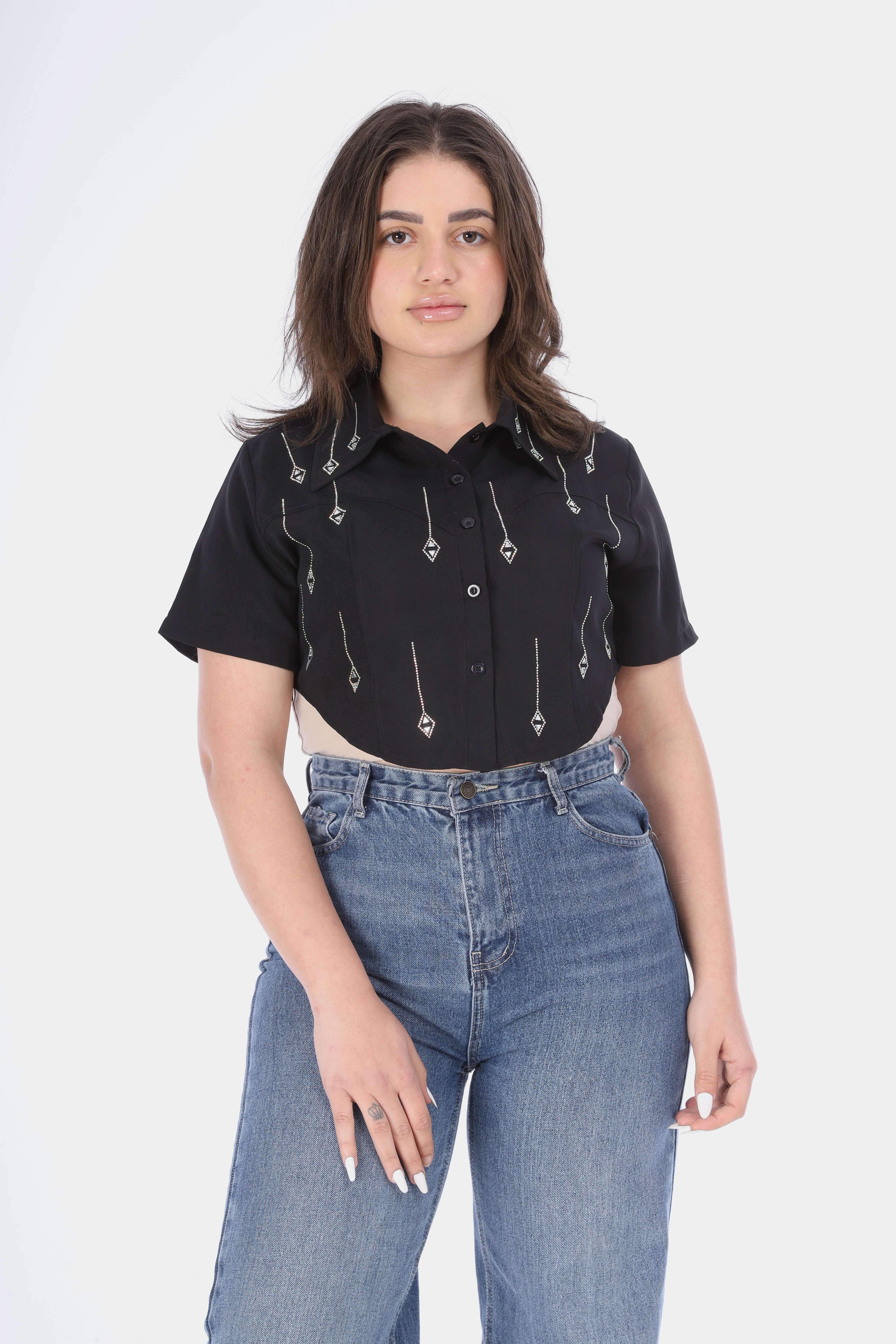 Embellished Short Sleeve Cropped Button-Up 20962545