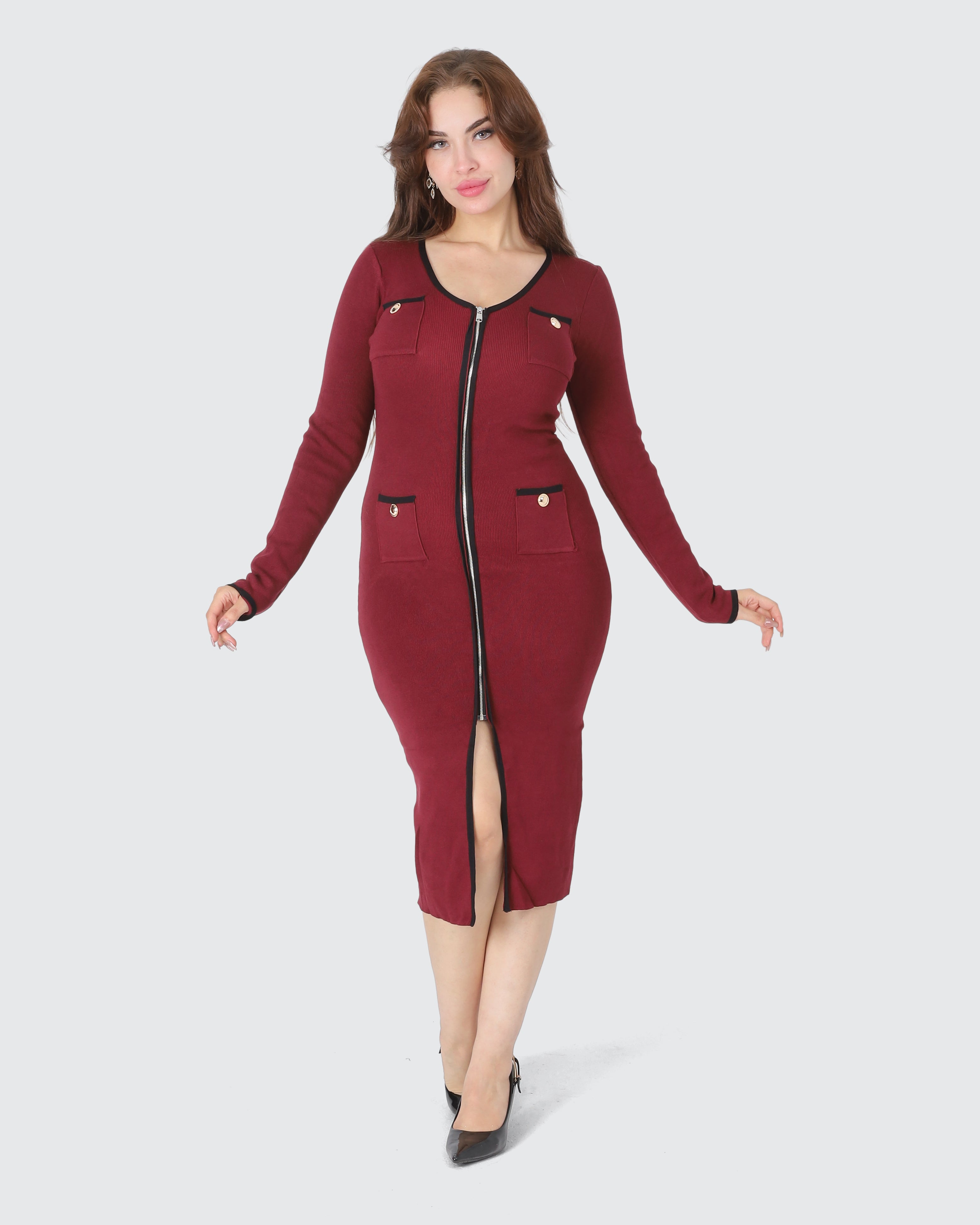 Round Neck Midi Dress with Front Zipper 20963286