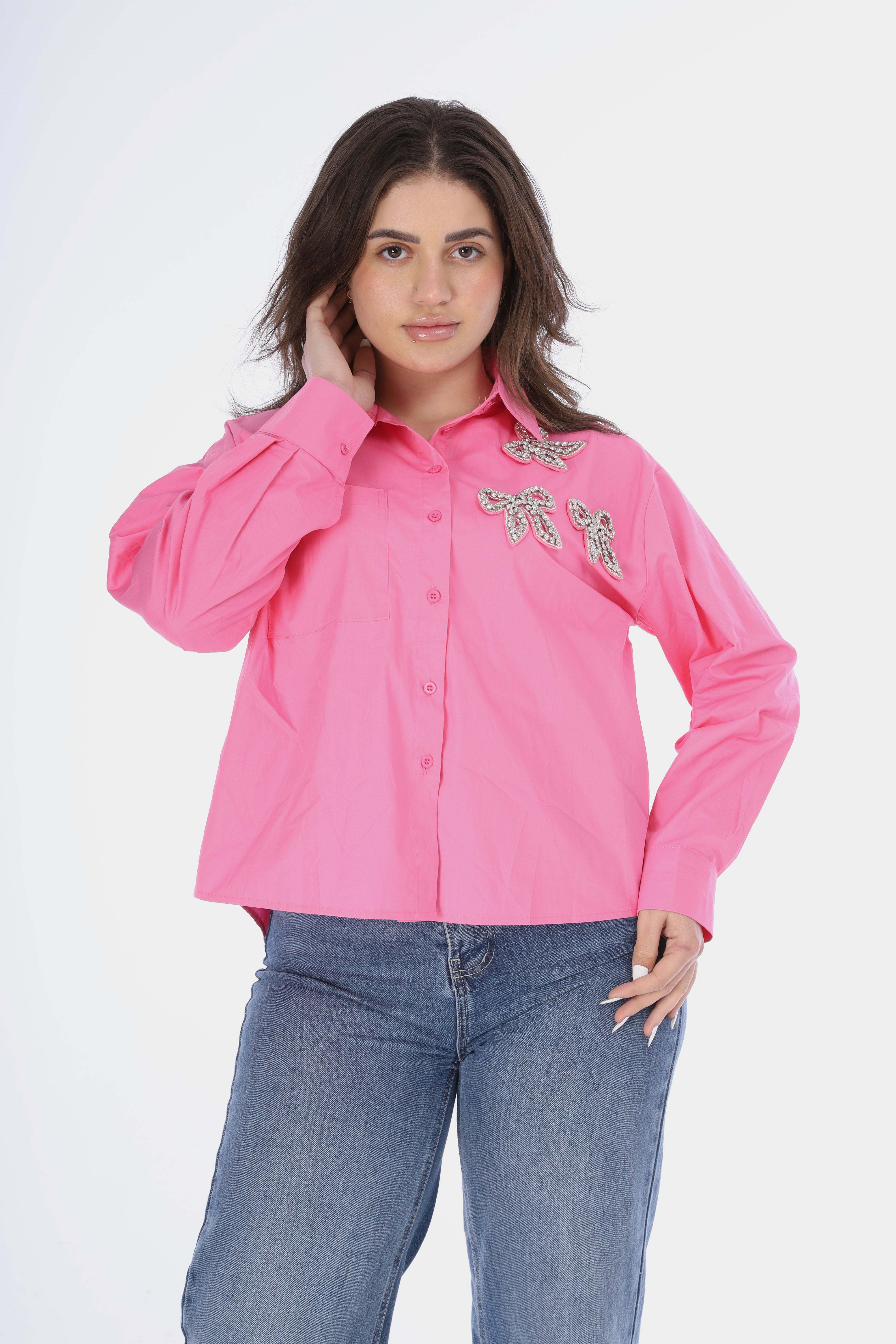 Embellished Bow Detail Button-Up Shirt 20966014