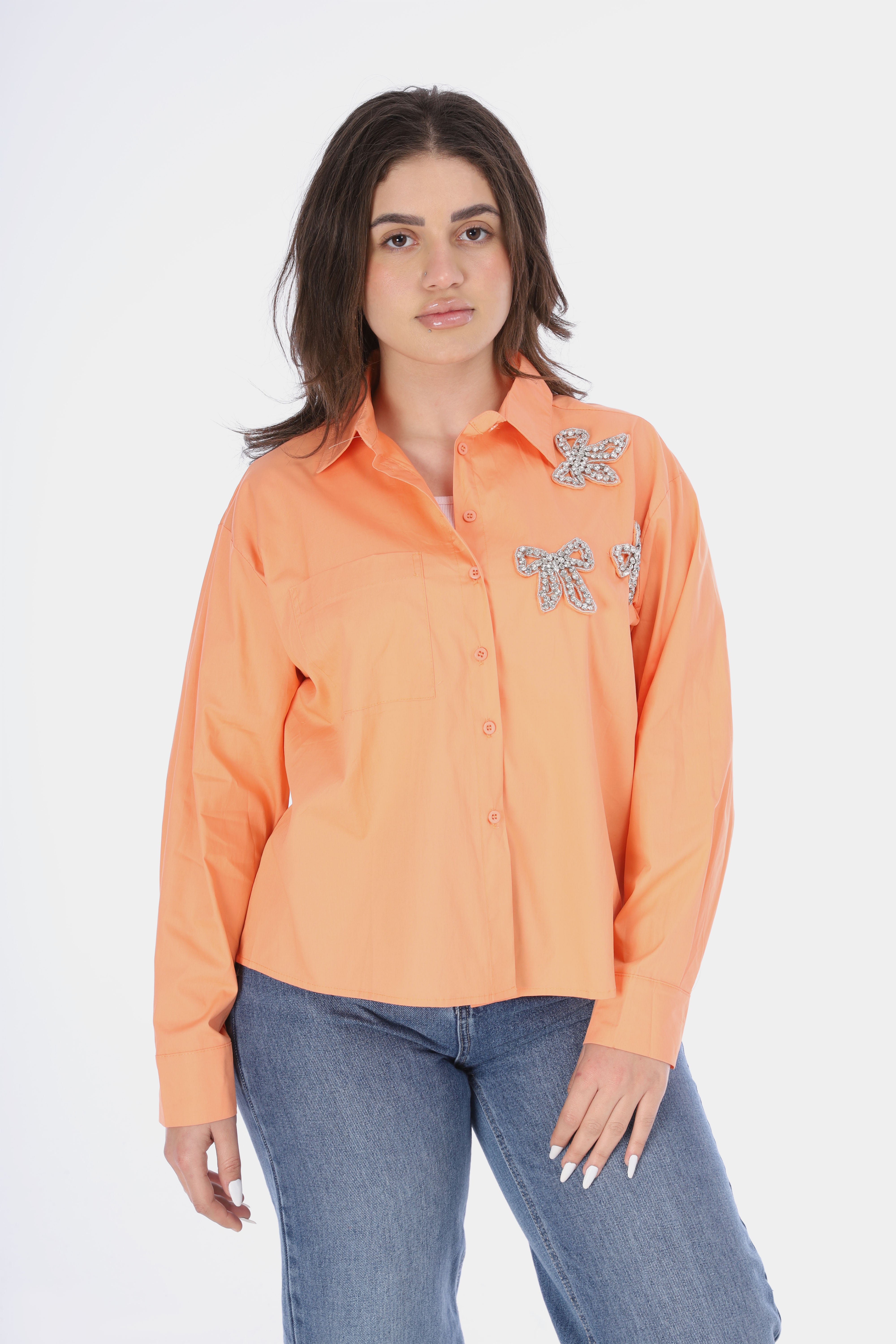 Embellished Bow Detail Button-Up Shirt 20966014