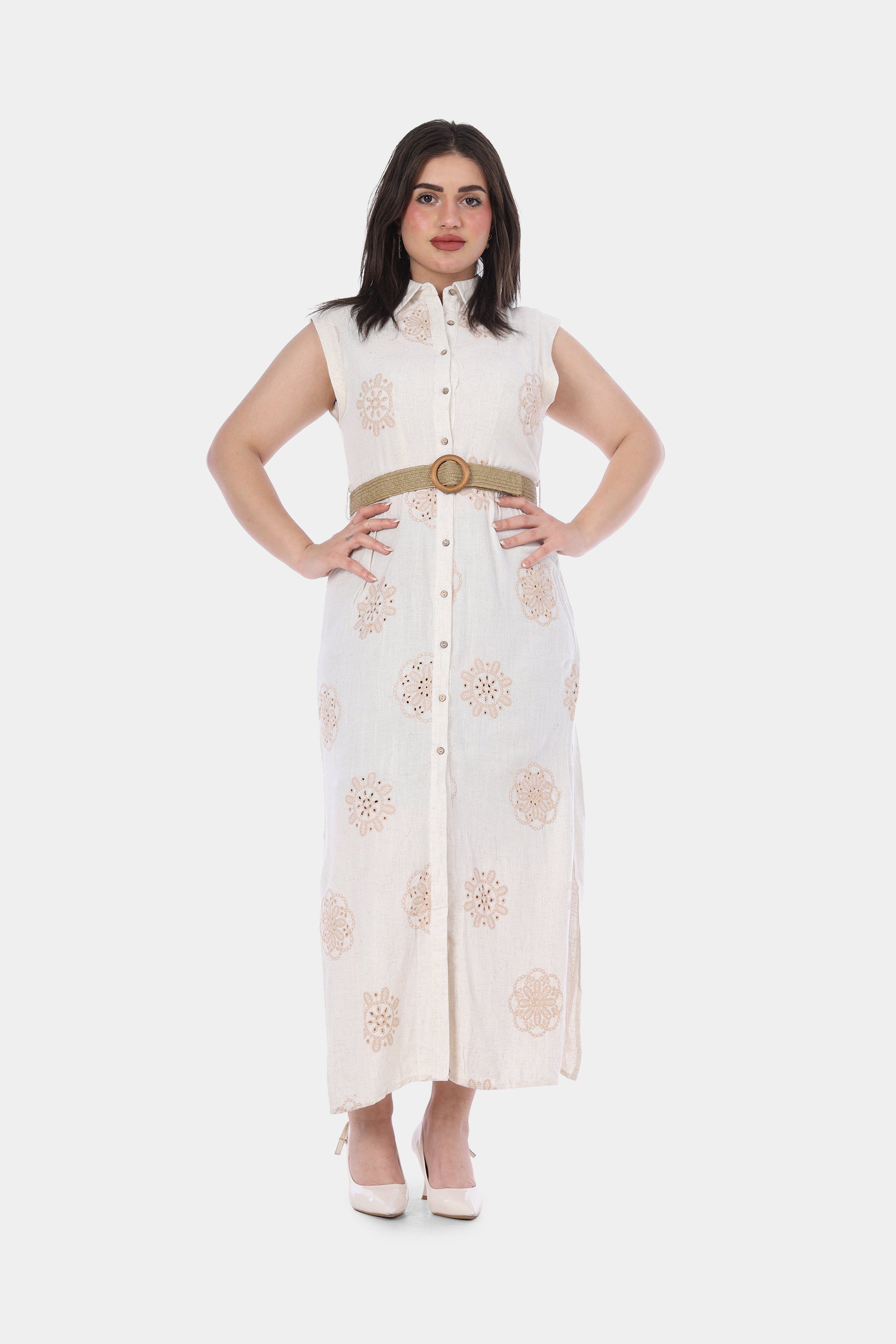 Embroidered Button-Down Maxi Dress with Belt 2096FT85240