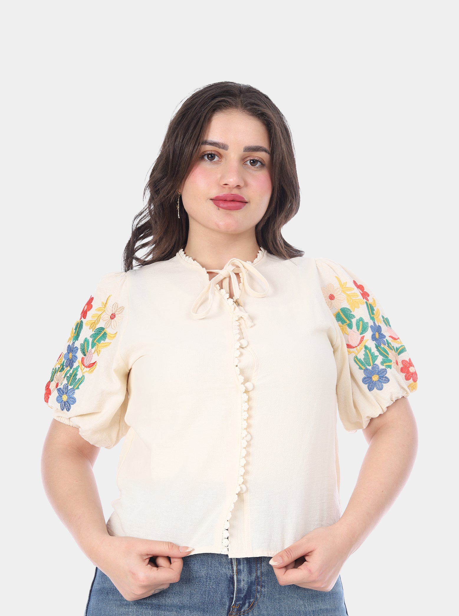 Cropped Embroidered Half Sleeve Blouse 2096HQ005