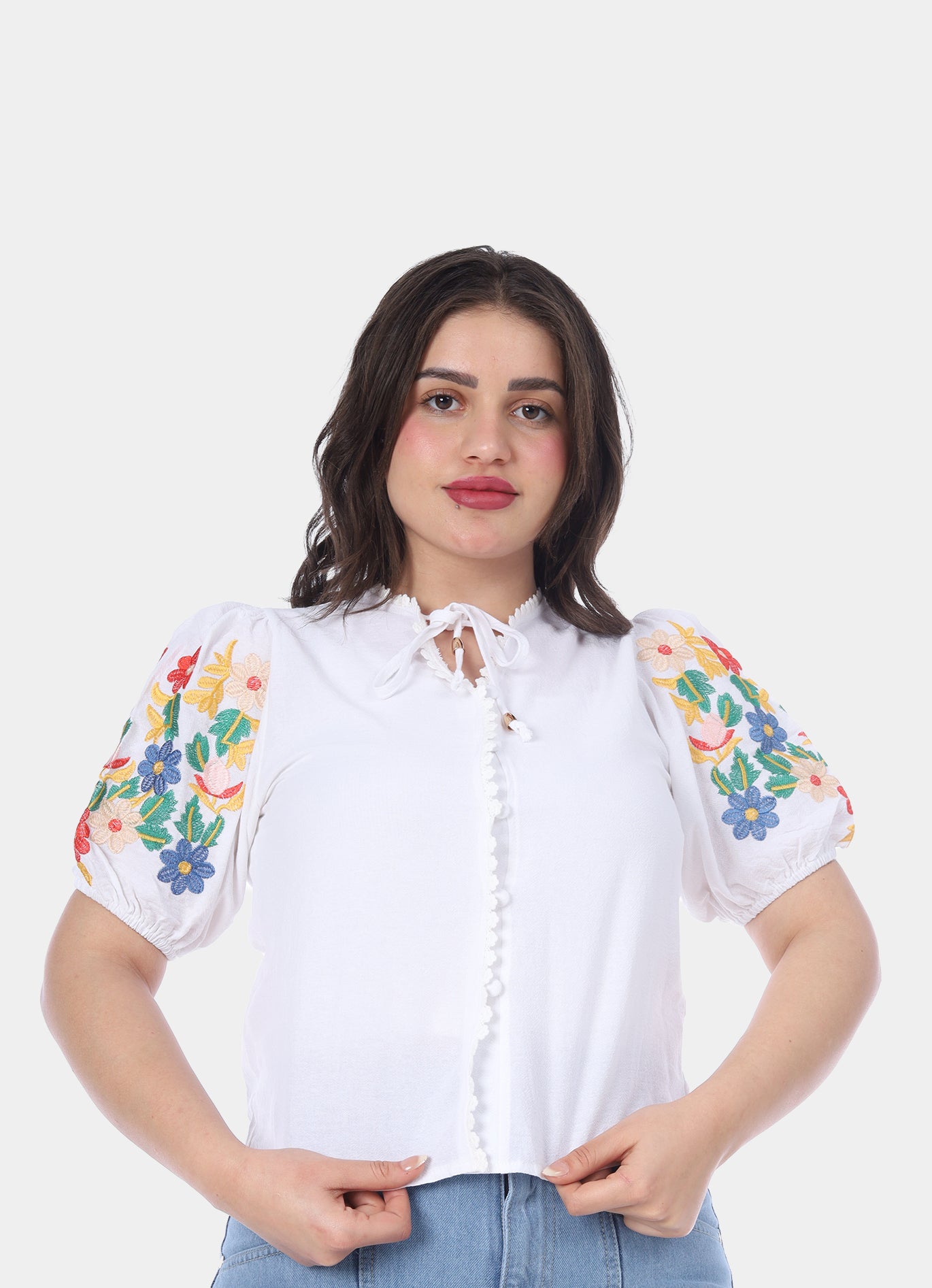 Cropped Embroidered Half Sleeve Blouse 2096HQ005