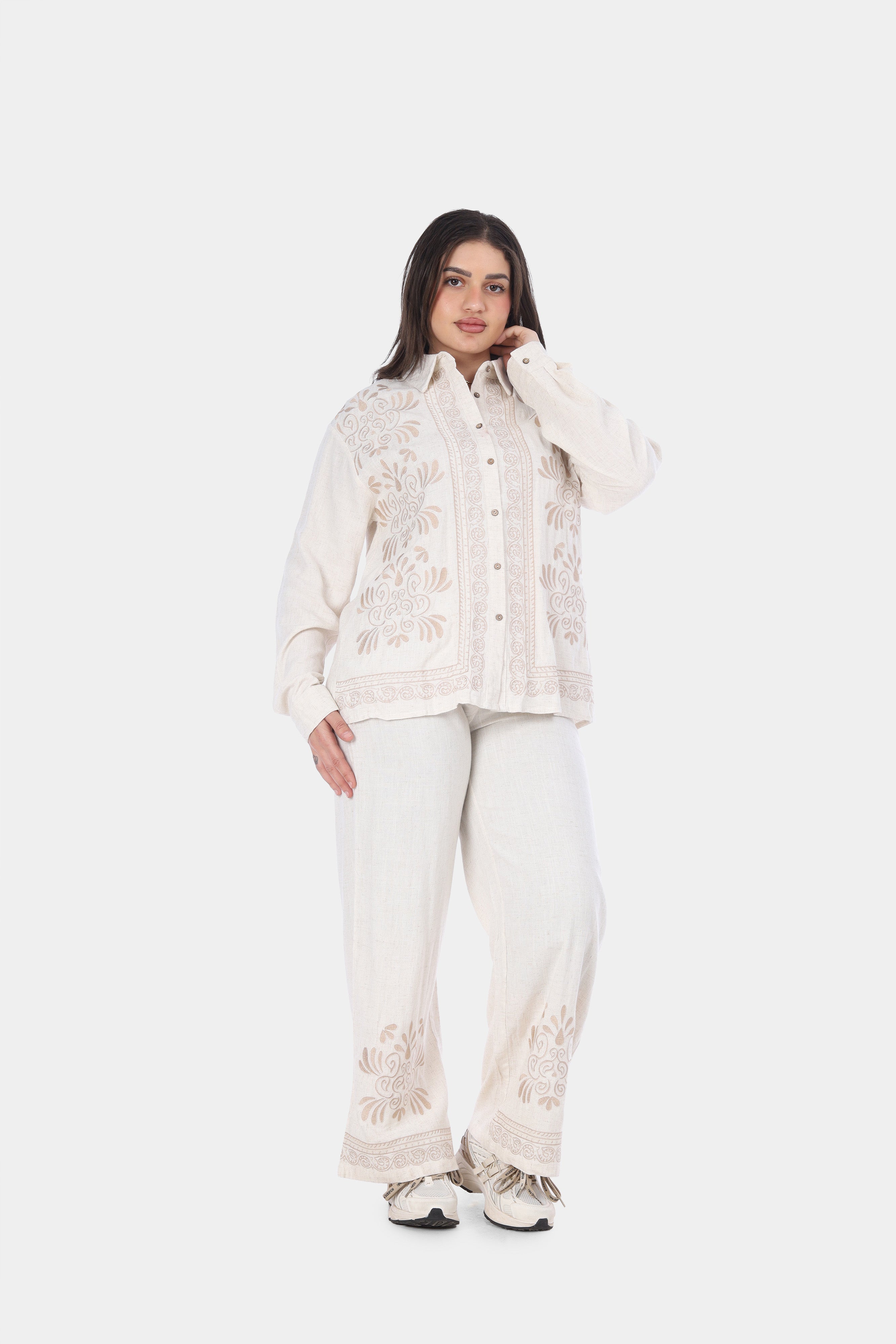 Embroidered Linen Shirt & Pants Set 2096HS16