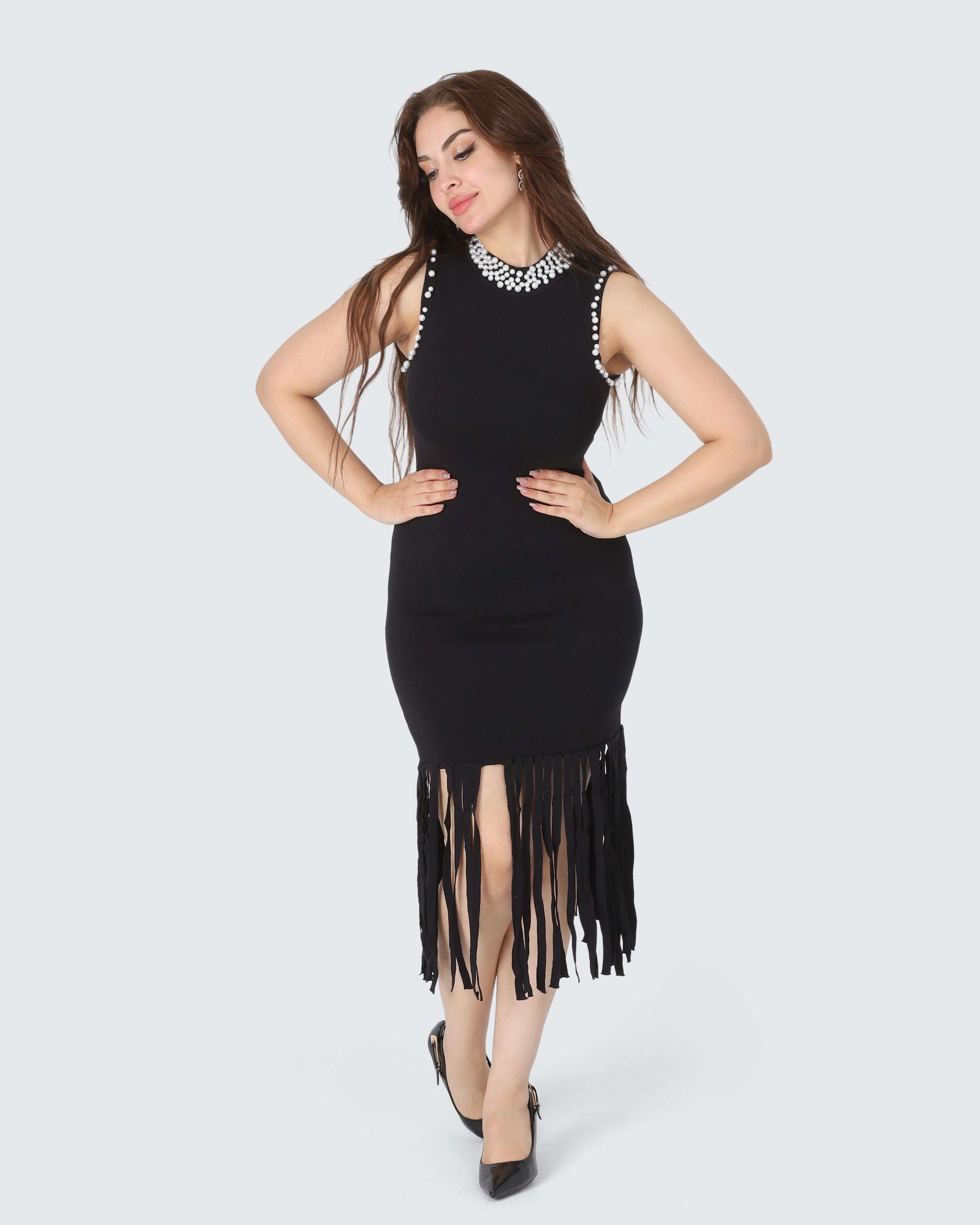 Sleeveless Mini Dress with Fringe Hem 2096JY024