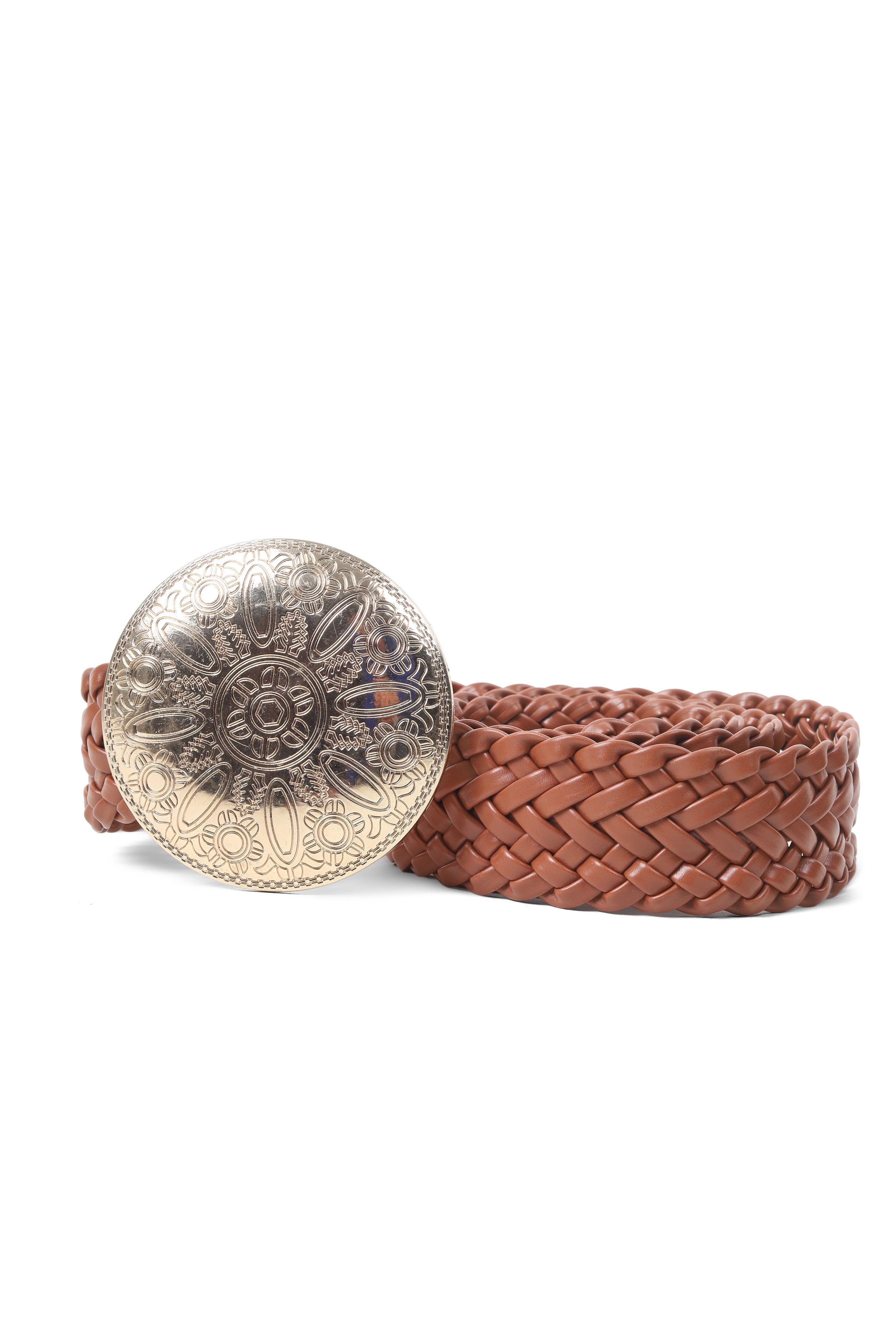 Braided Leather Belt with Metal Circle Buckle 209952321