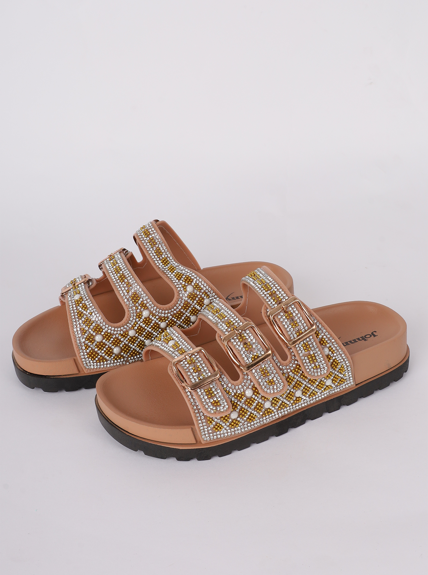 Crystal Embellished Triple-Strap Slides 2103016