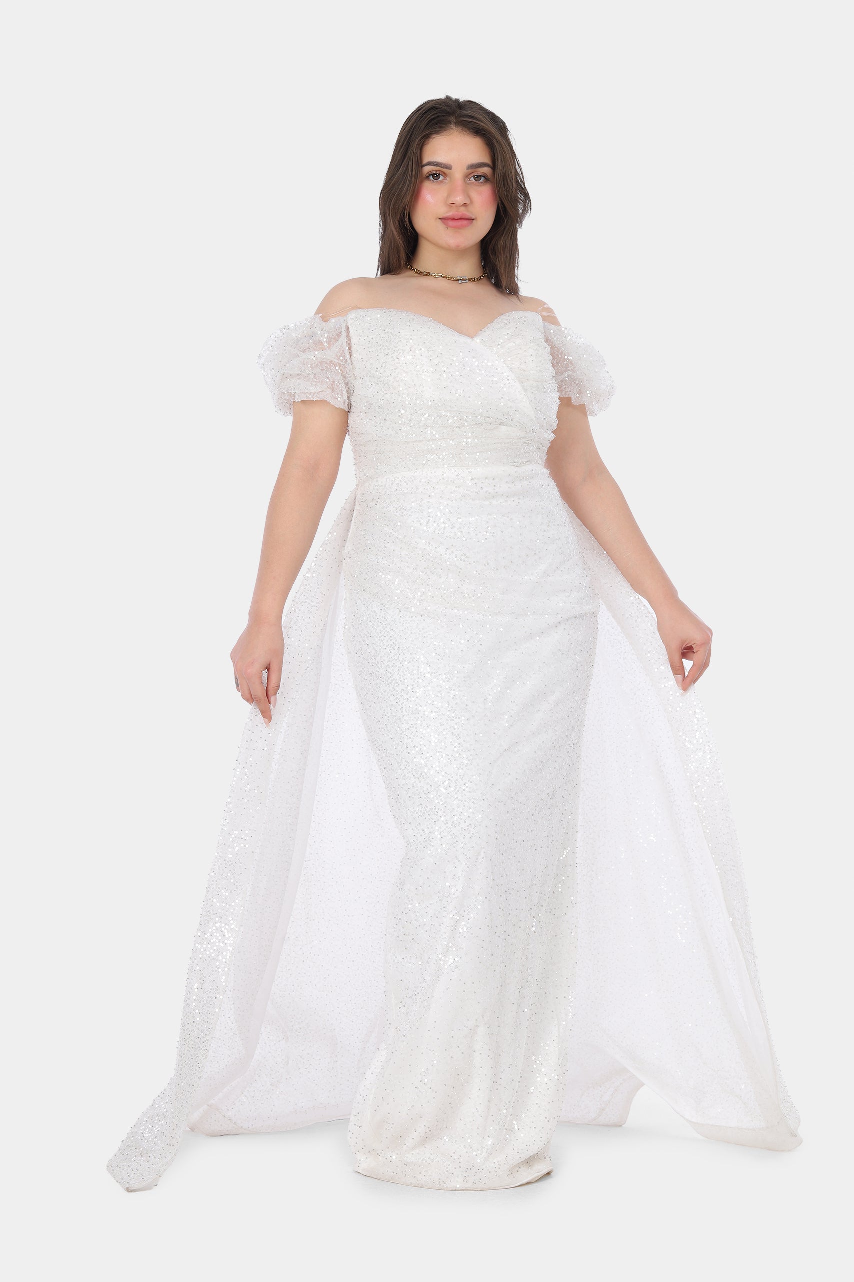 Sequin Evening Gown with Draped Sleeves 2126250