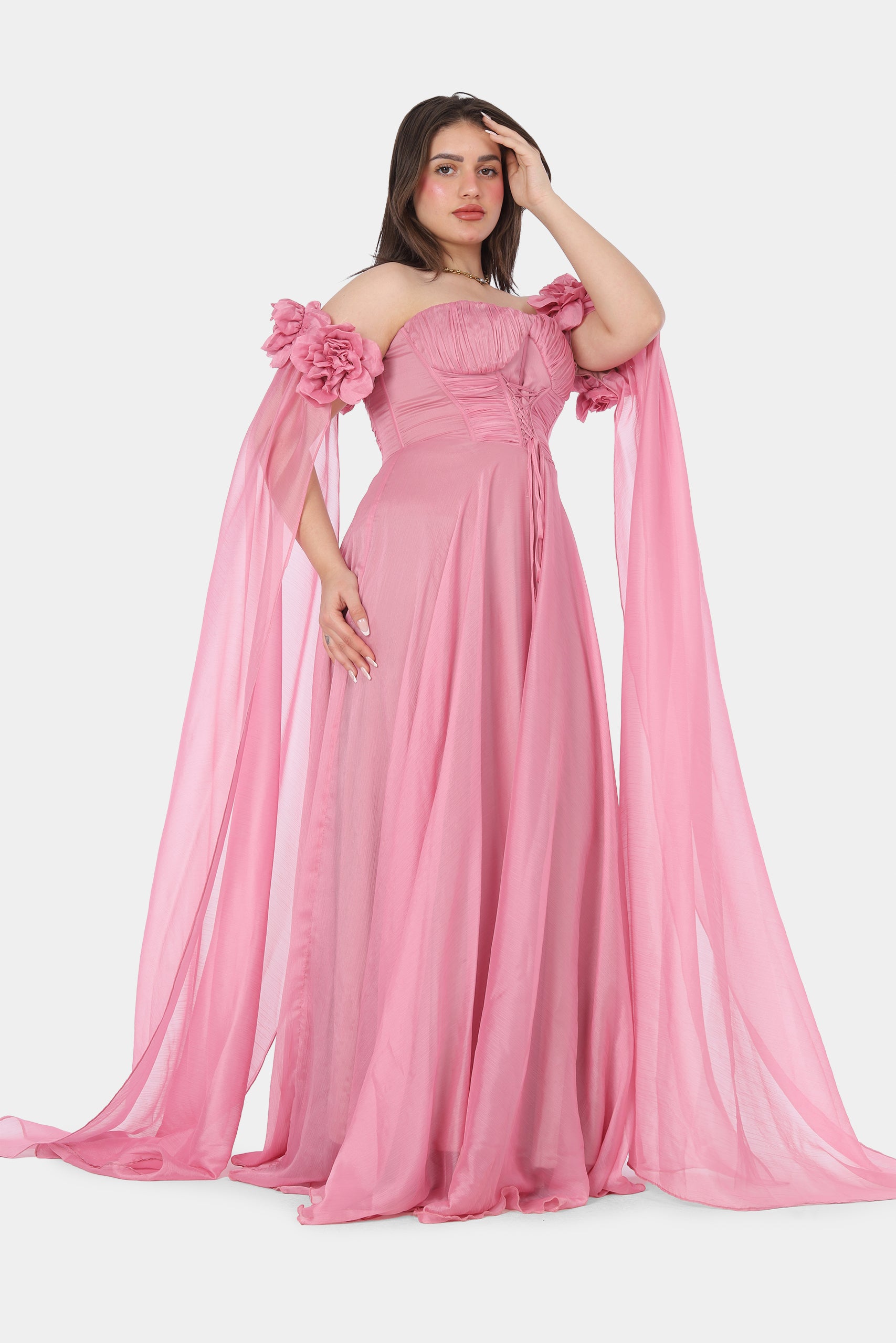 Elegant Off-Shoulder Draped Floral Evening Gown 2126305