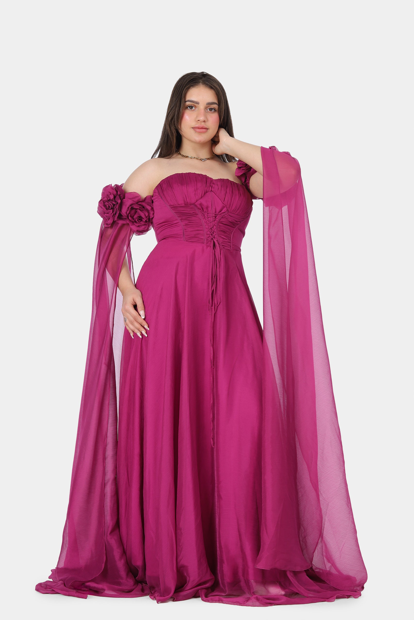 Elegant Off-Shoulder Draped Floral Evening Gown 2126305