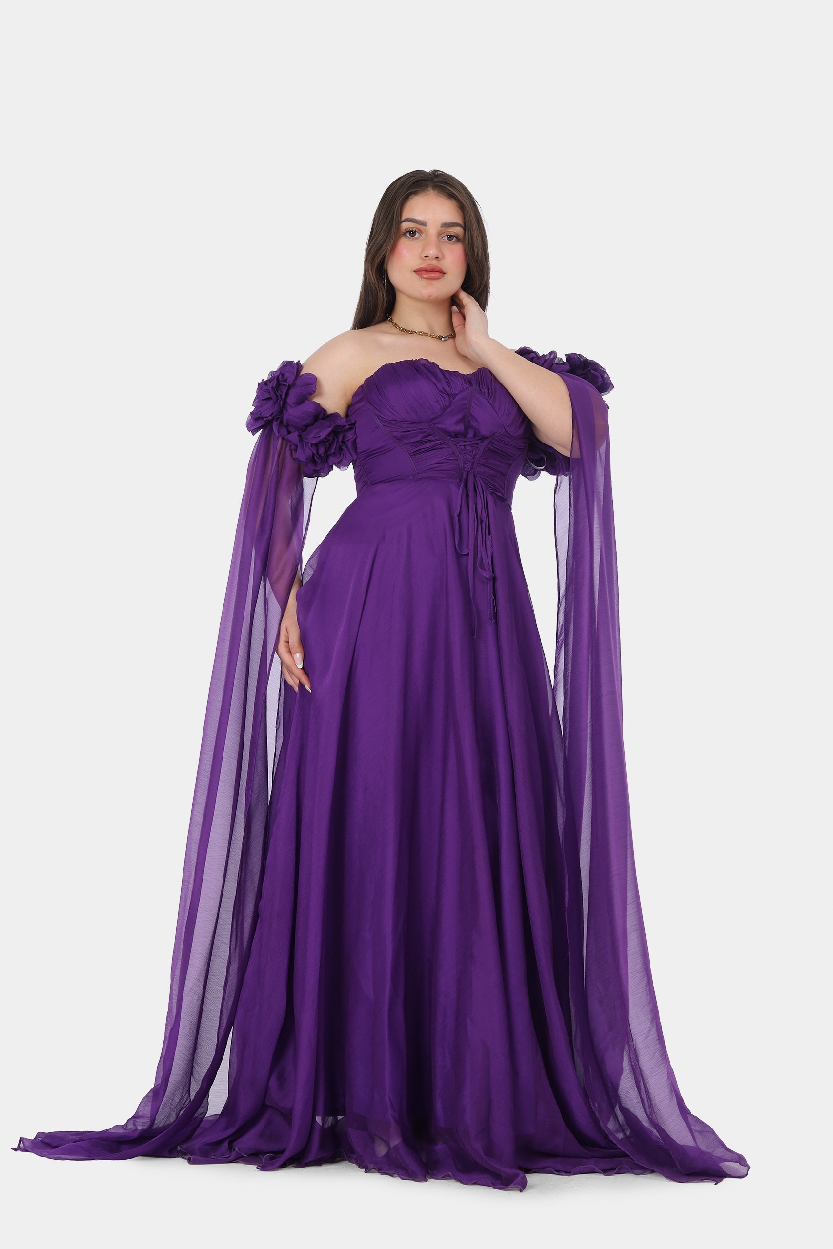 Elegant Off-Shoulder Draped Floral Evening Gown 2126305