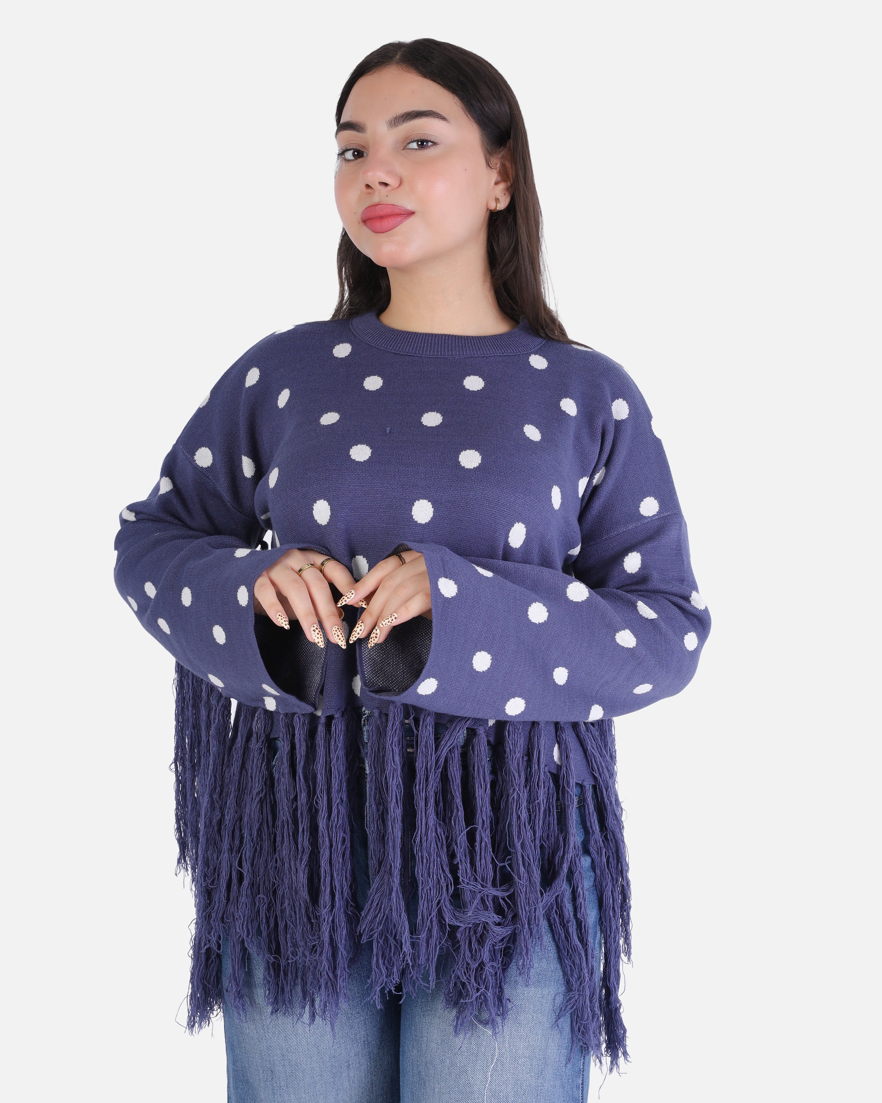 Polka Dot Knitted Blouse with Fringe Detail 2135/052