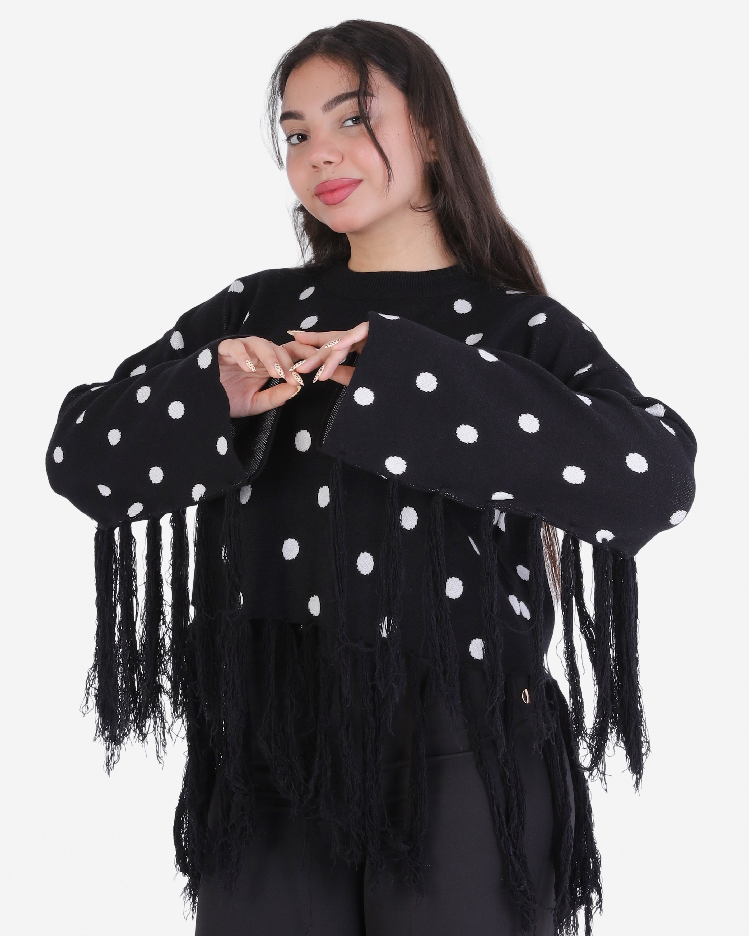 Polka Dot Knitted Blouse with Fringe Detail 2135/052