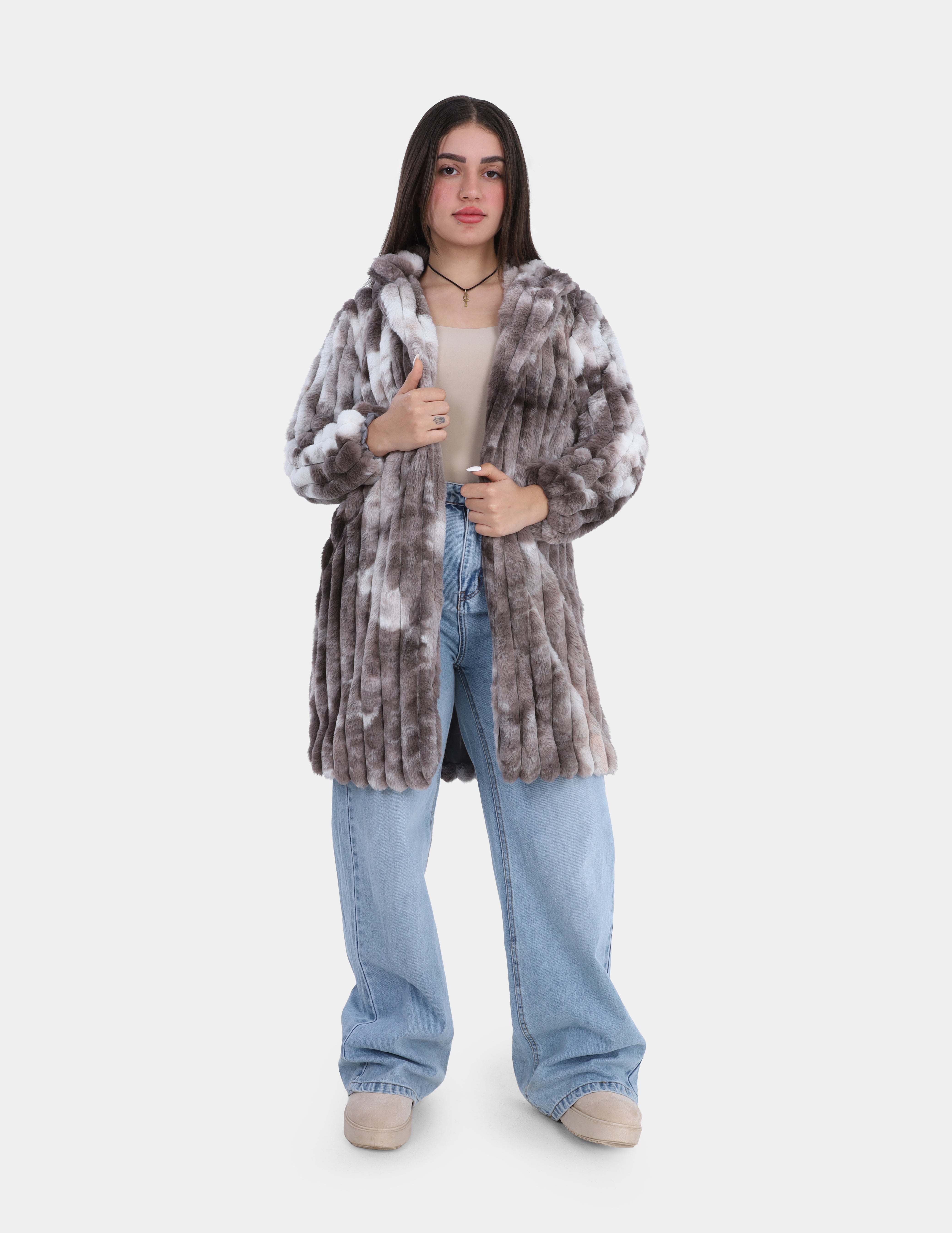 Vertical Ribbed Faux Fur Colorful Hooded Coat w1698225