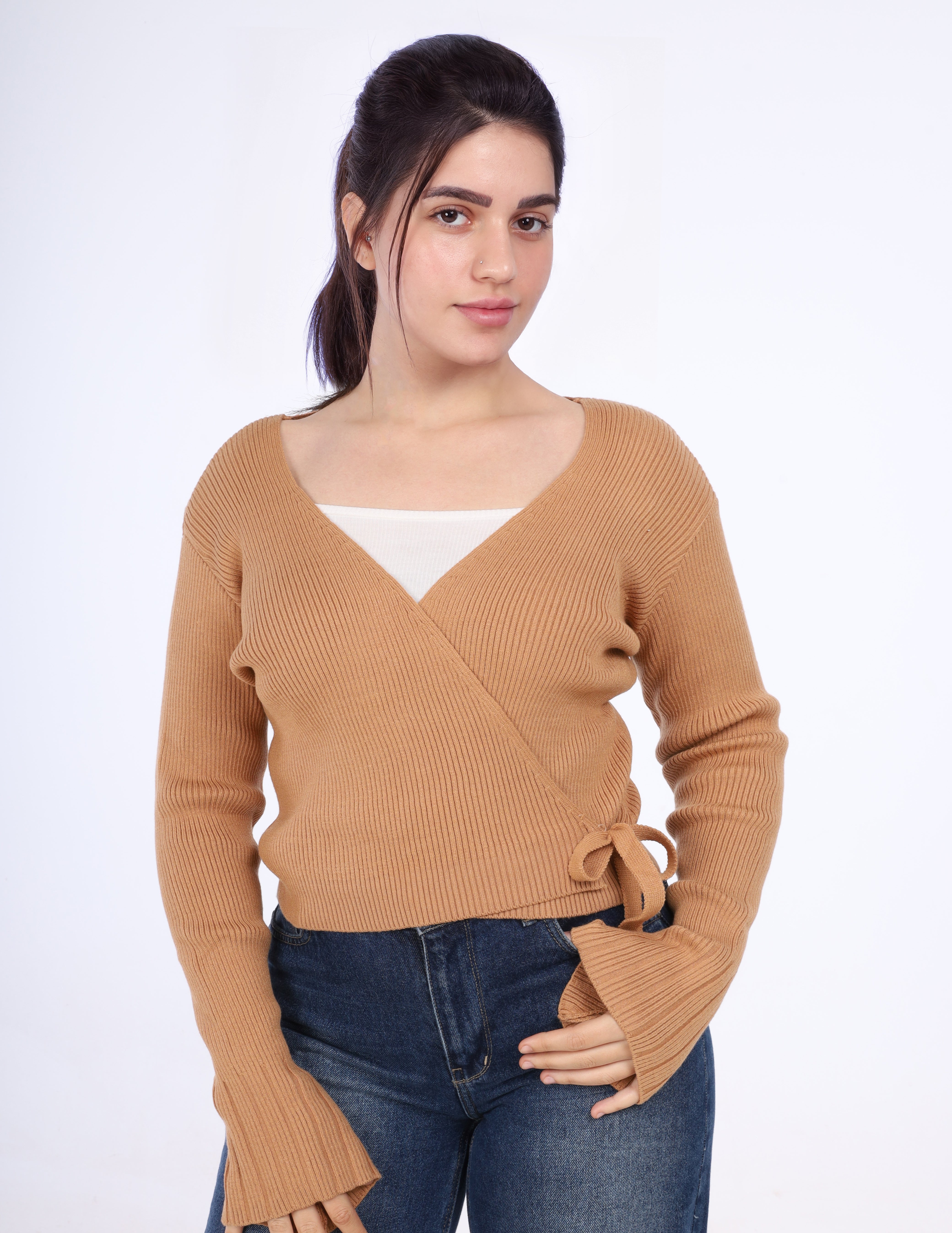 Ribbed Wrap Knit Top with Side Tie w164647