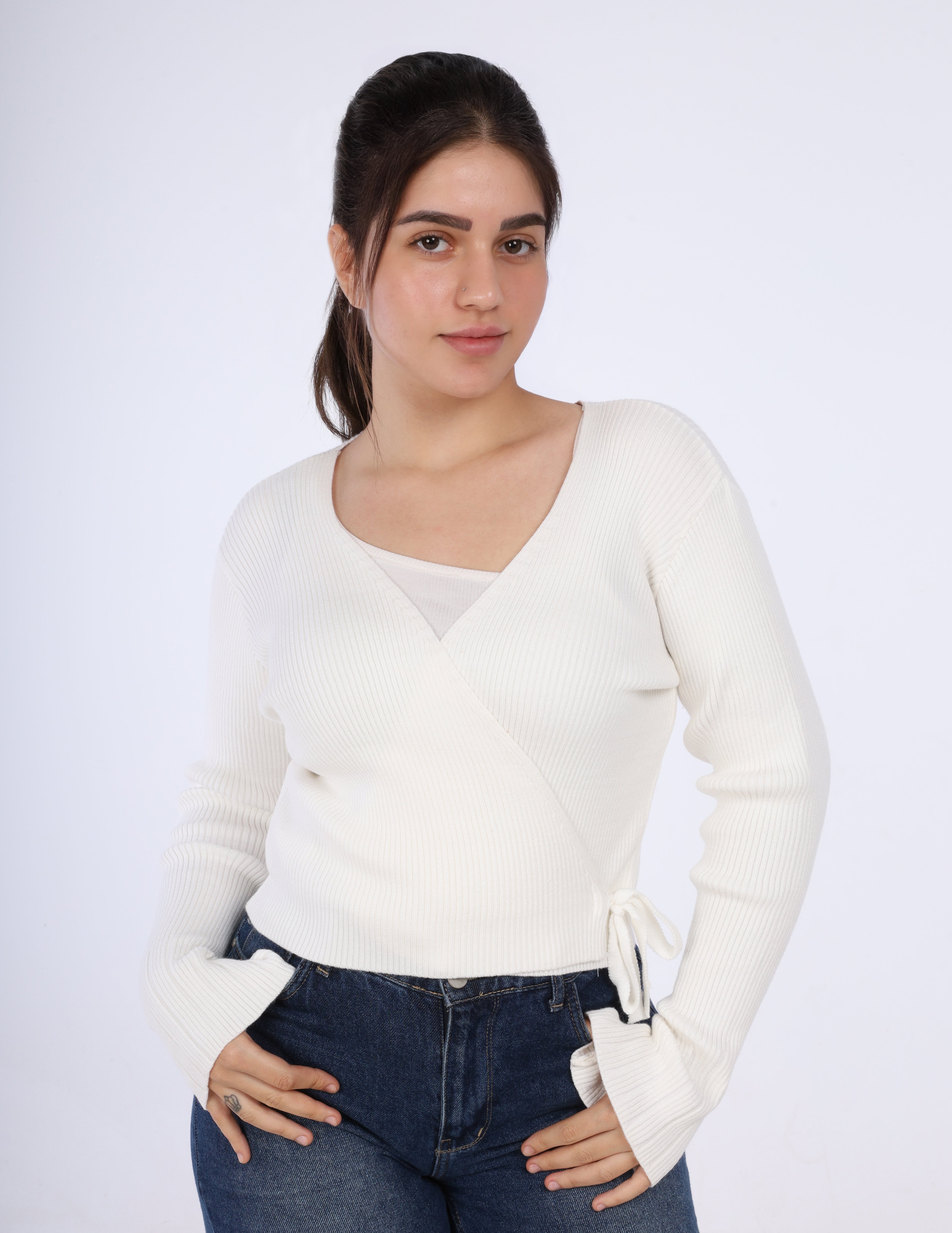 Ribbed Wrap Knit Top with Side Tie w164647