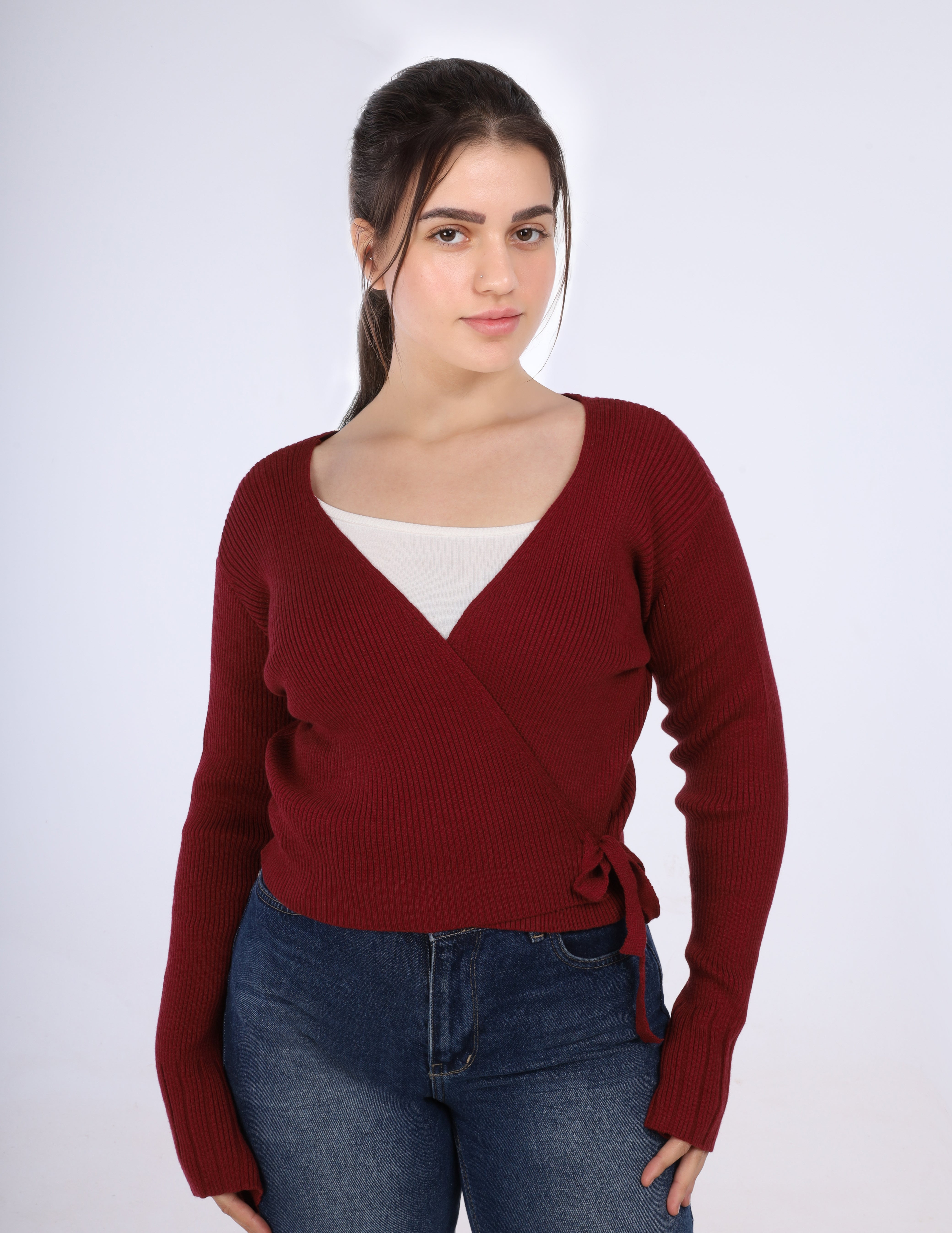 Ribbed Wrap Knit Top with Side Tie w164647