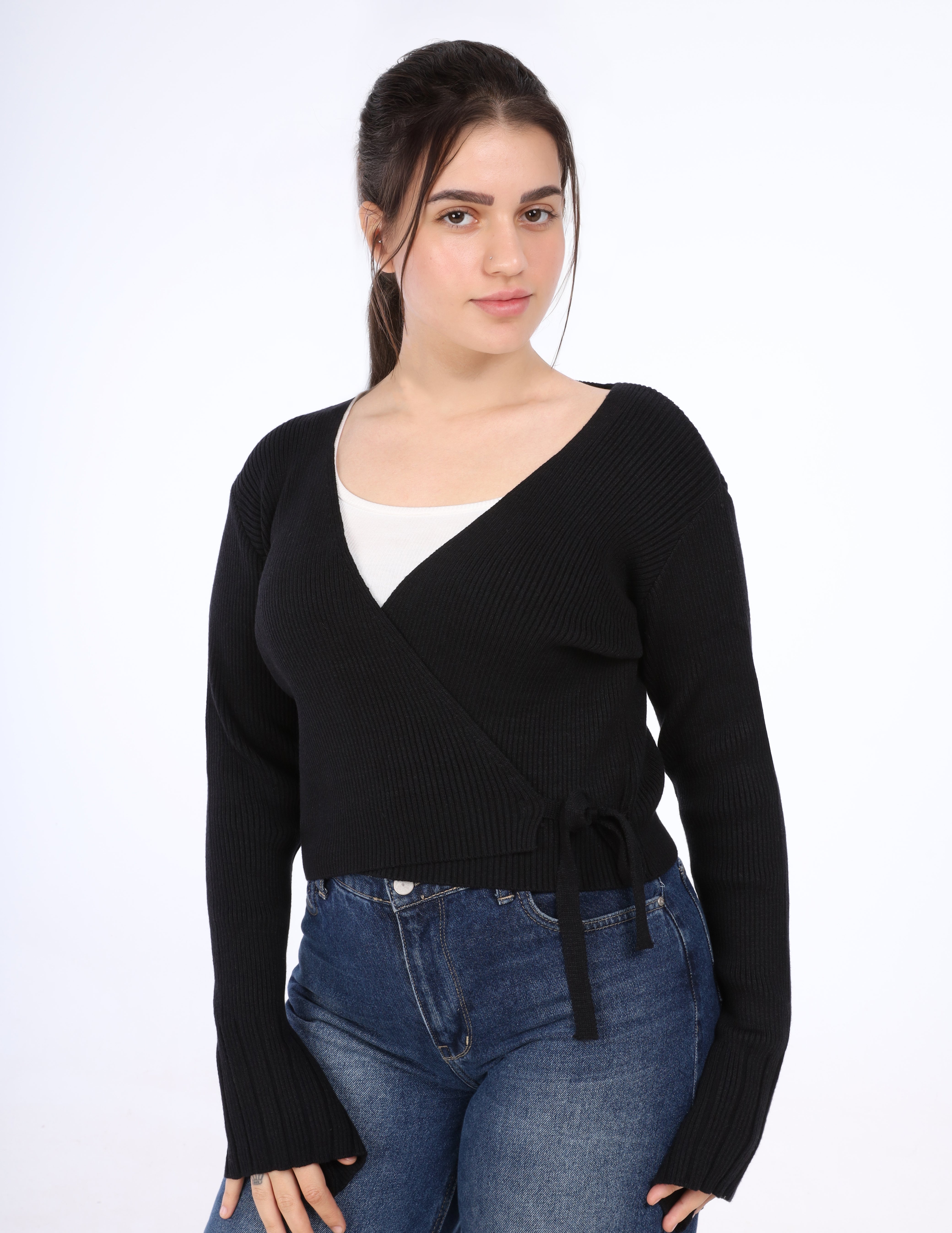 Ribbed Wrap Knit Top with Side Tie w164647