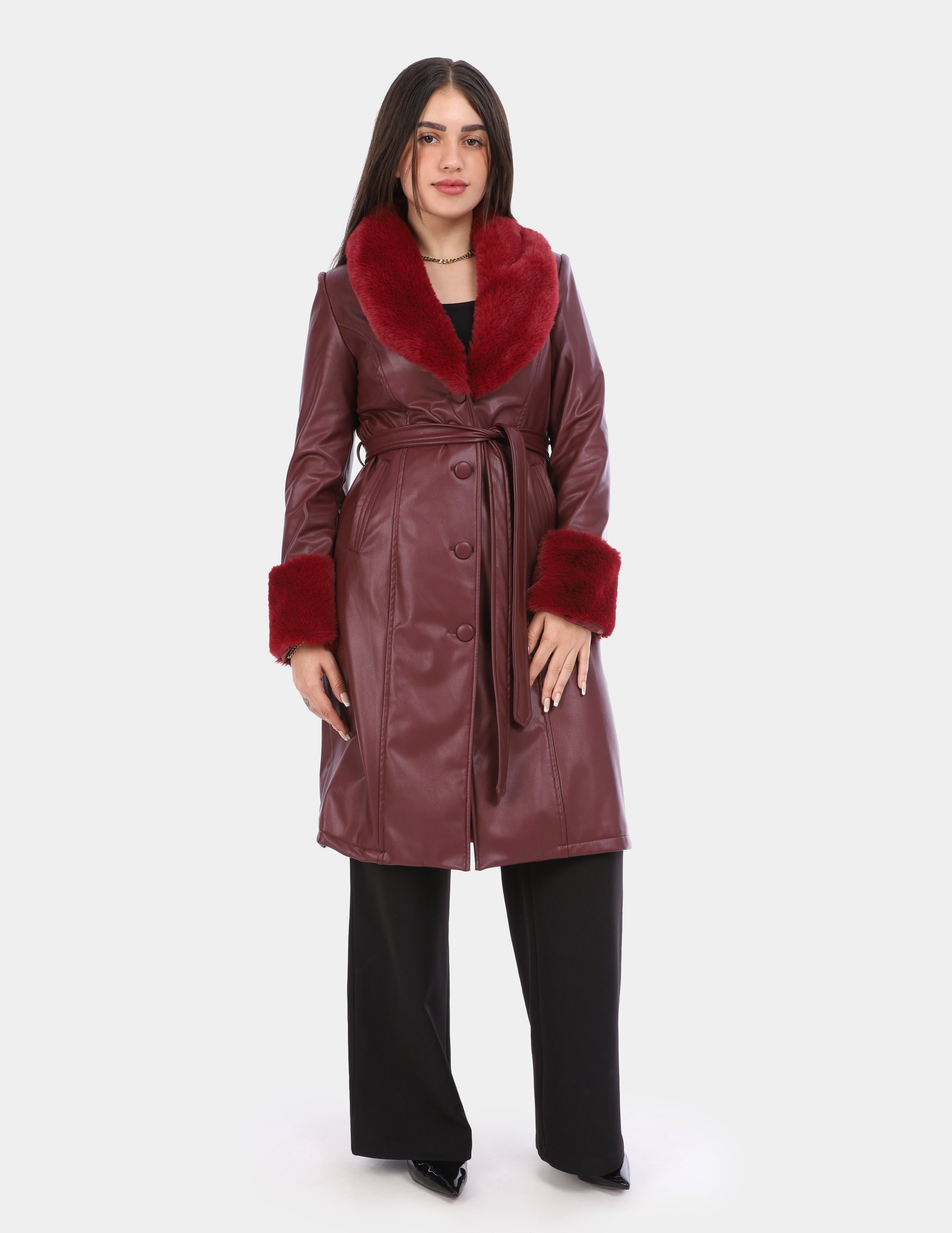 Leather Coat With Fur Collar w16977040