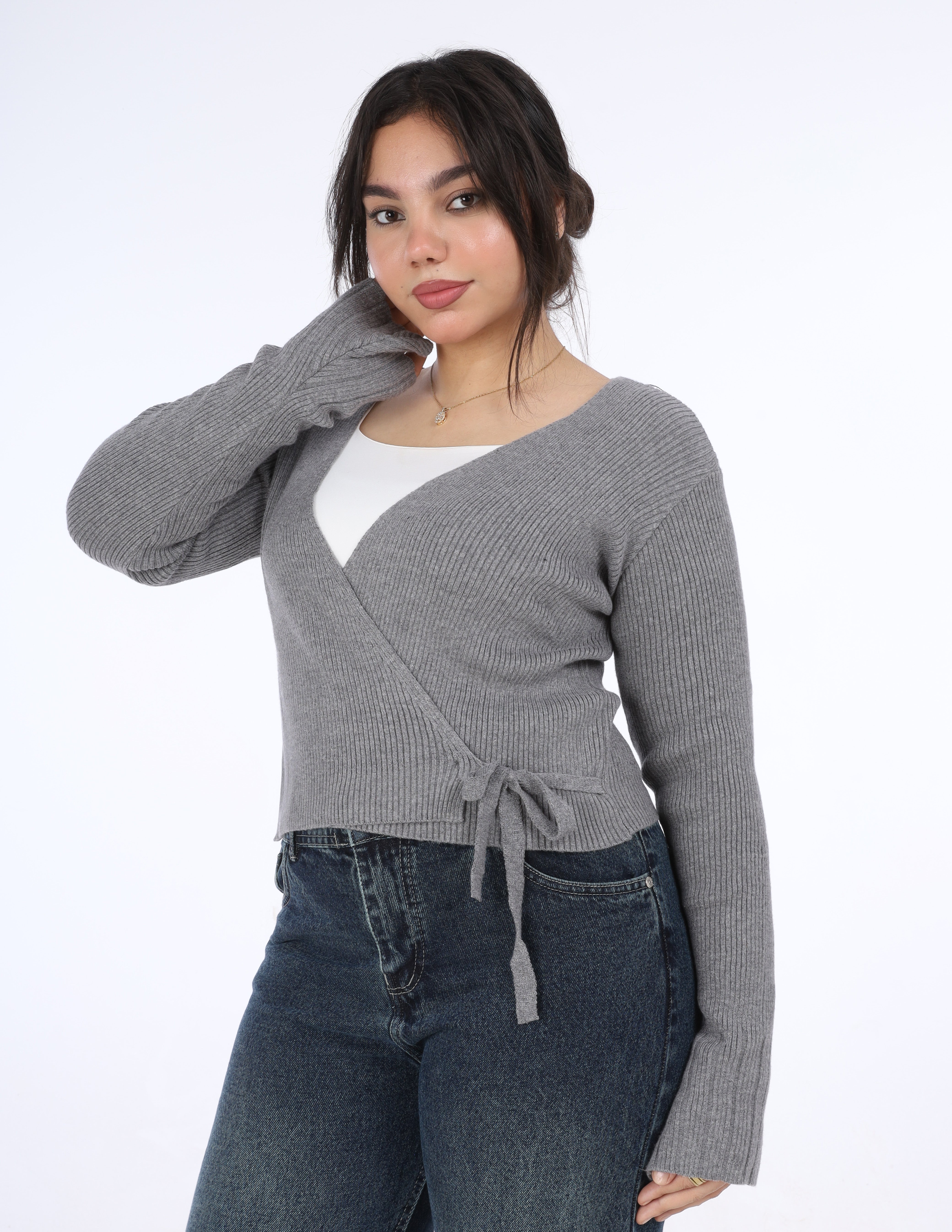 Ribbed Wrap Knit Top with Side Tie w164647