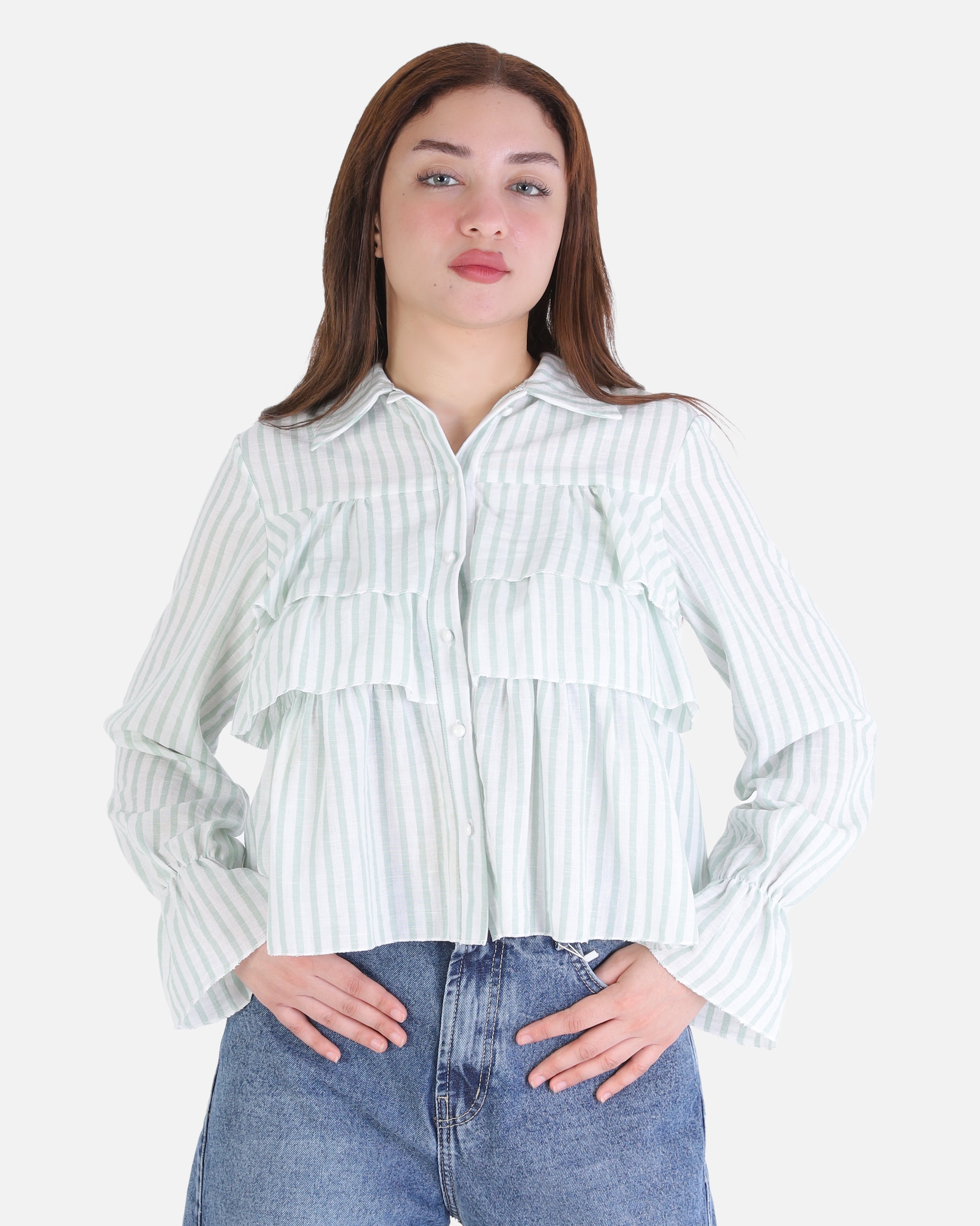 Striped Ruffle Blouse with Buttons 698675