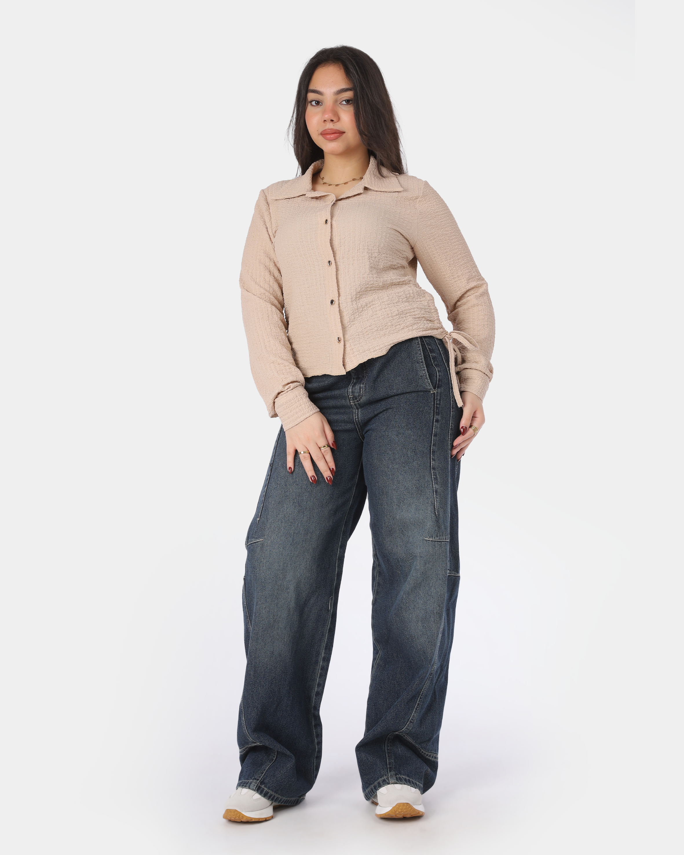 Cropped Button-Up Side Tie Blouse 698694