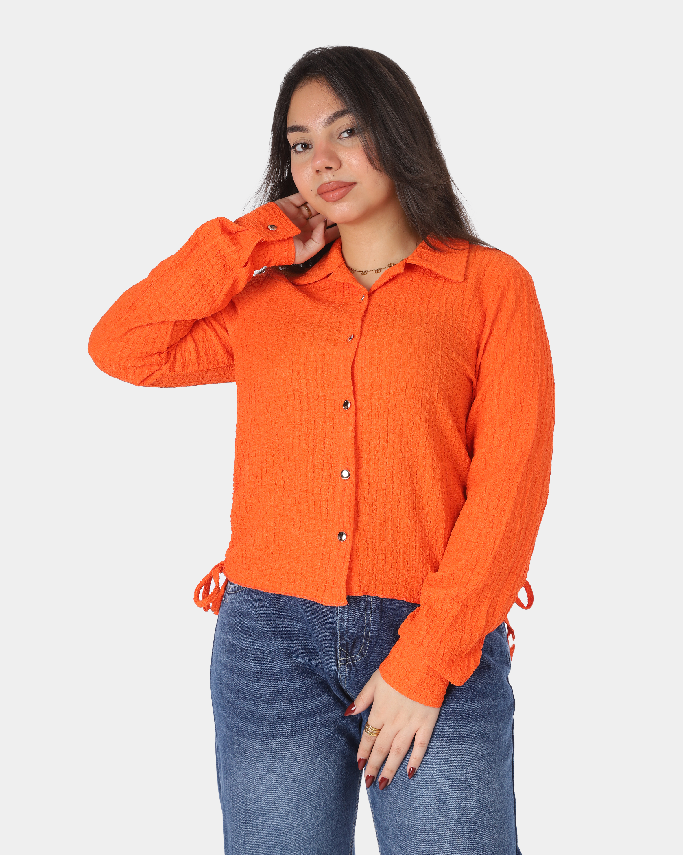 Cropped Button-Up Side Tie Blouse 698694