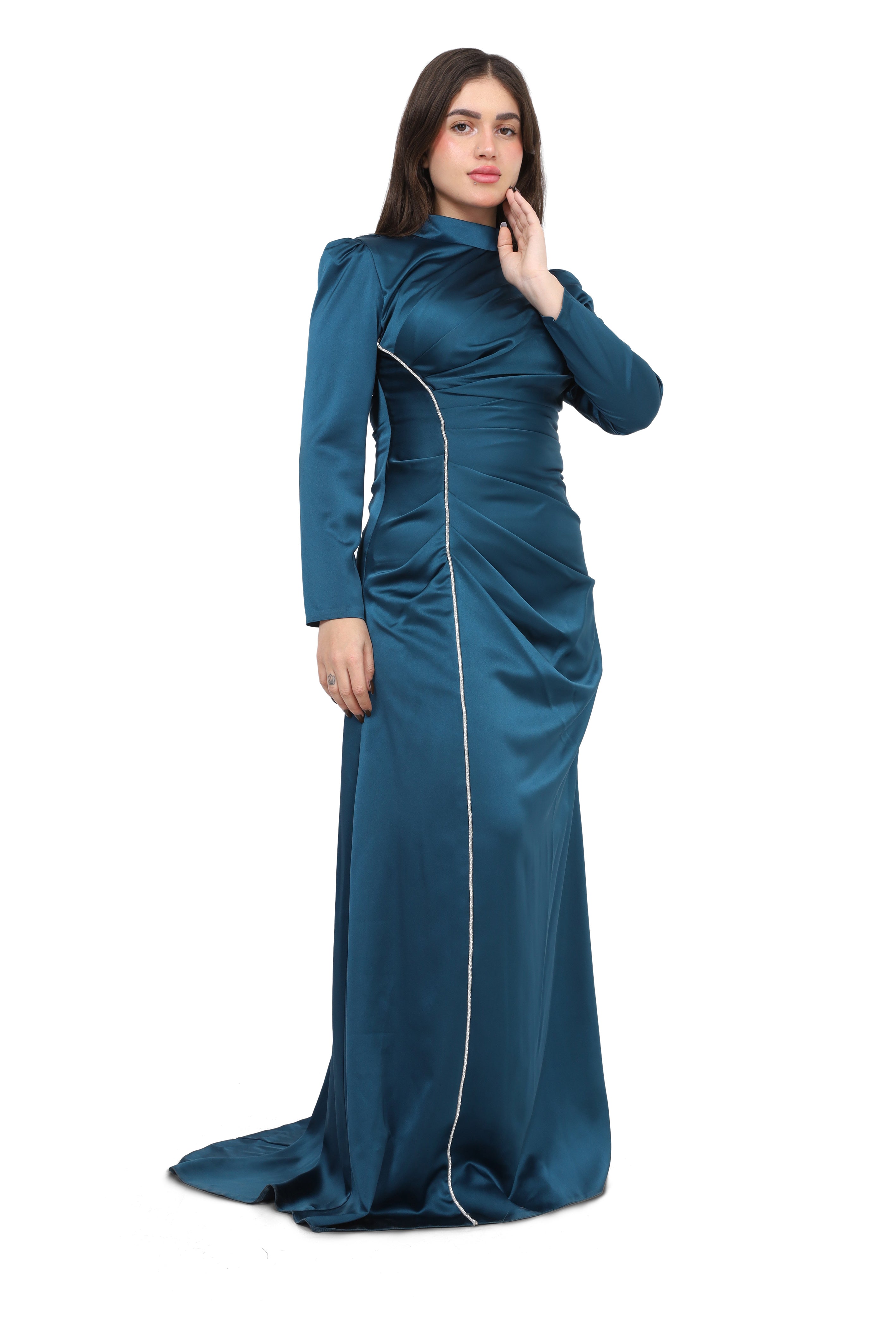 Trim Draped Evening Gown 7031046