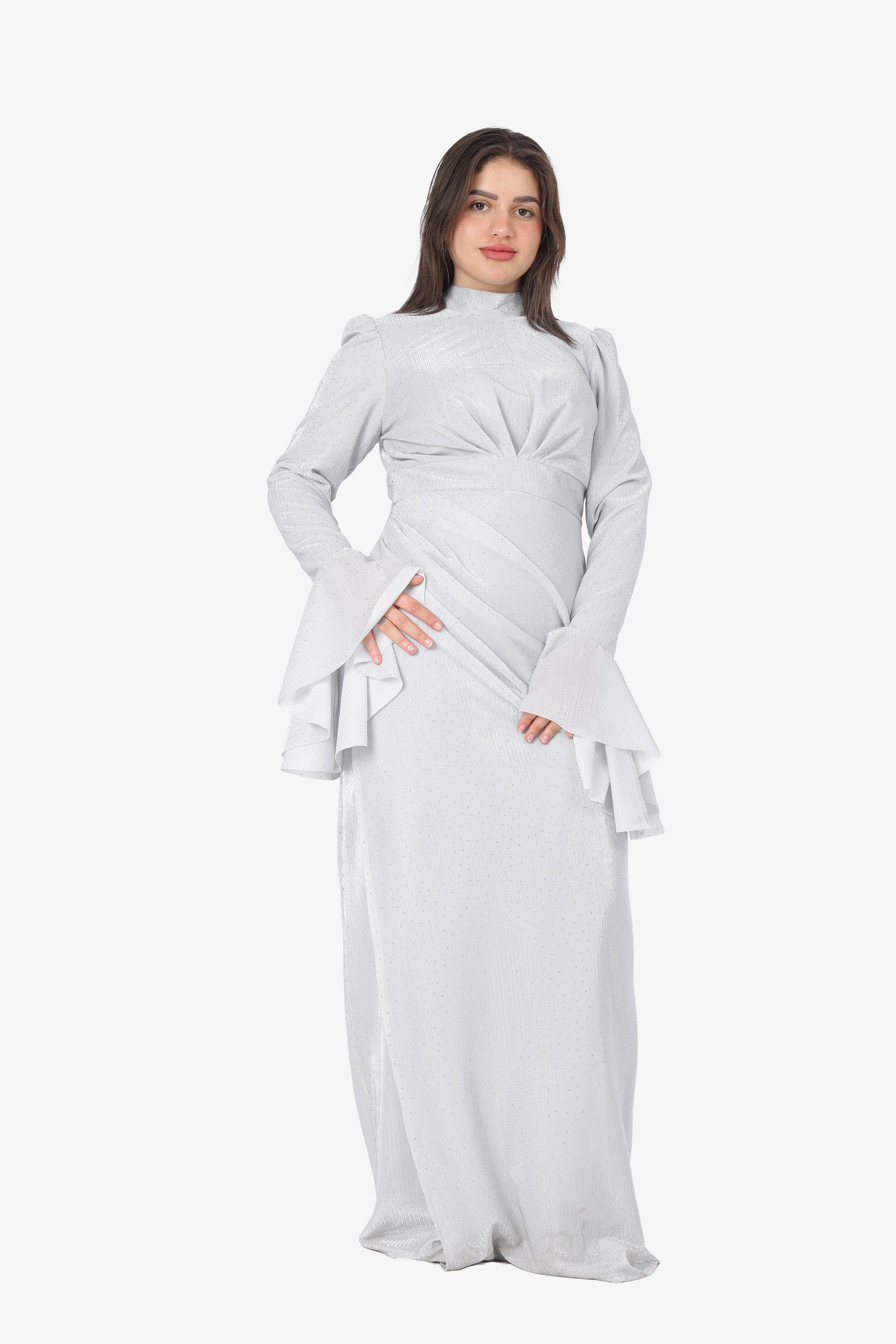 Polka Dot Evening Dress with Ruffle Sleeves 7031124