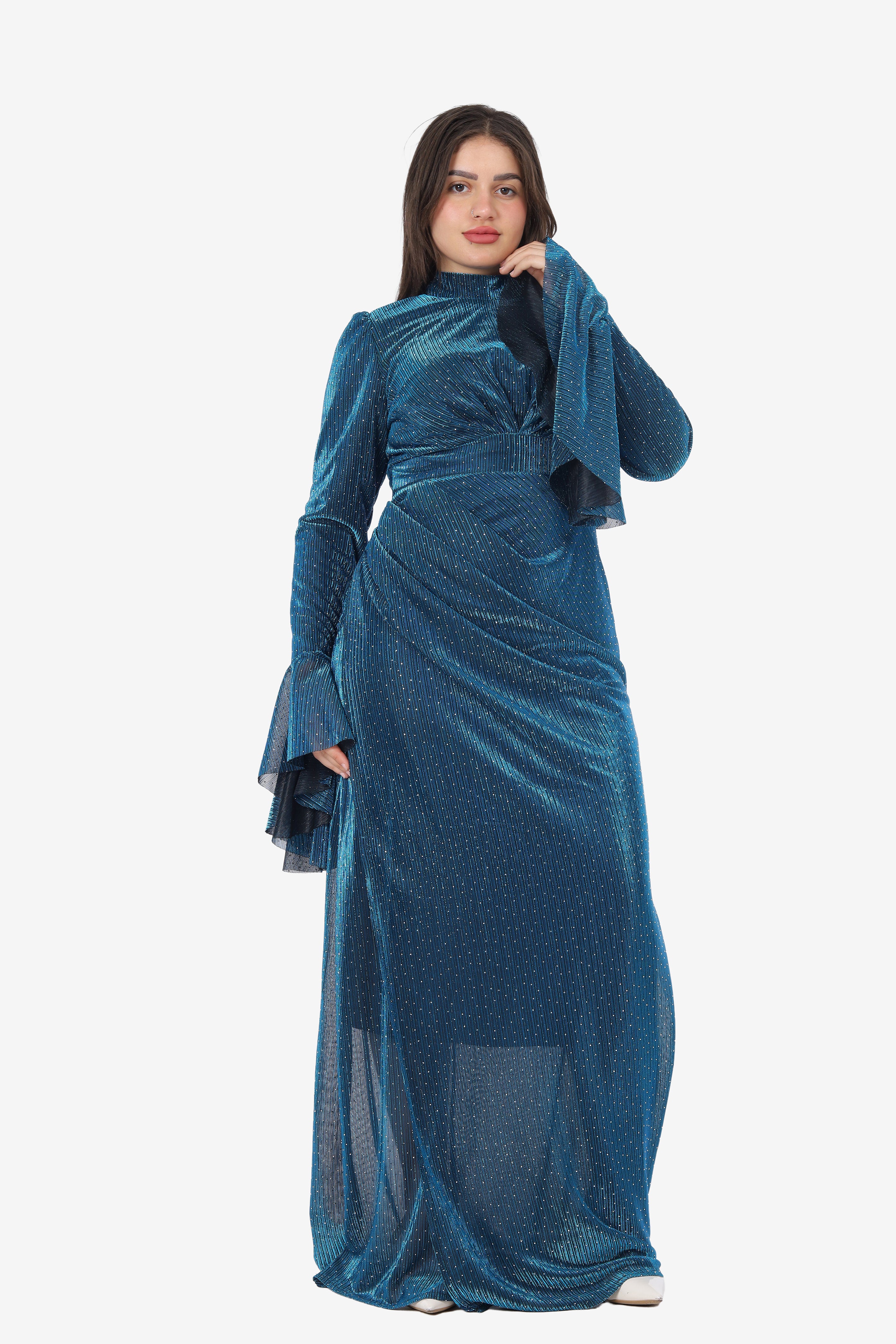 Polka Dot Evening Dress with Ruffle Sleeves 7031124