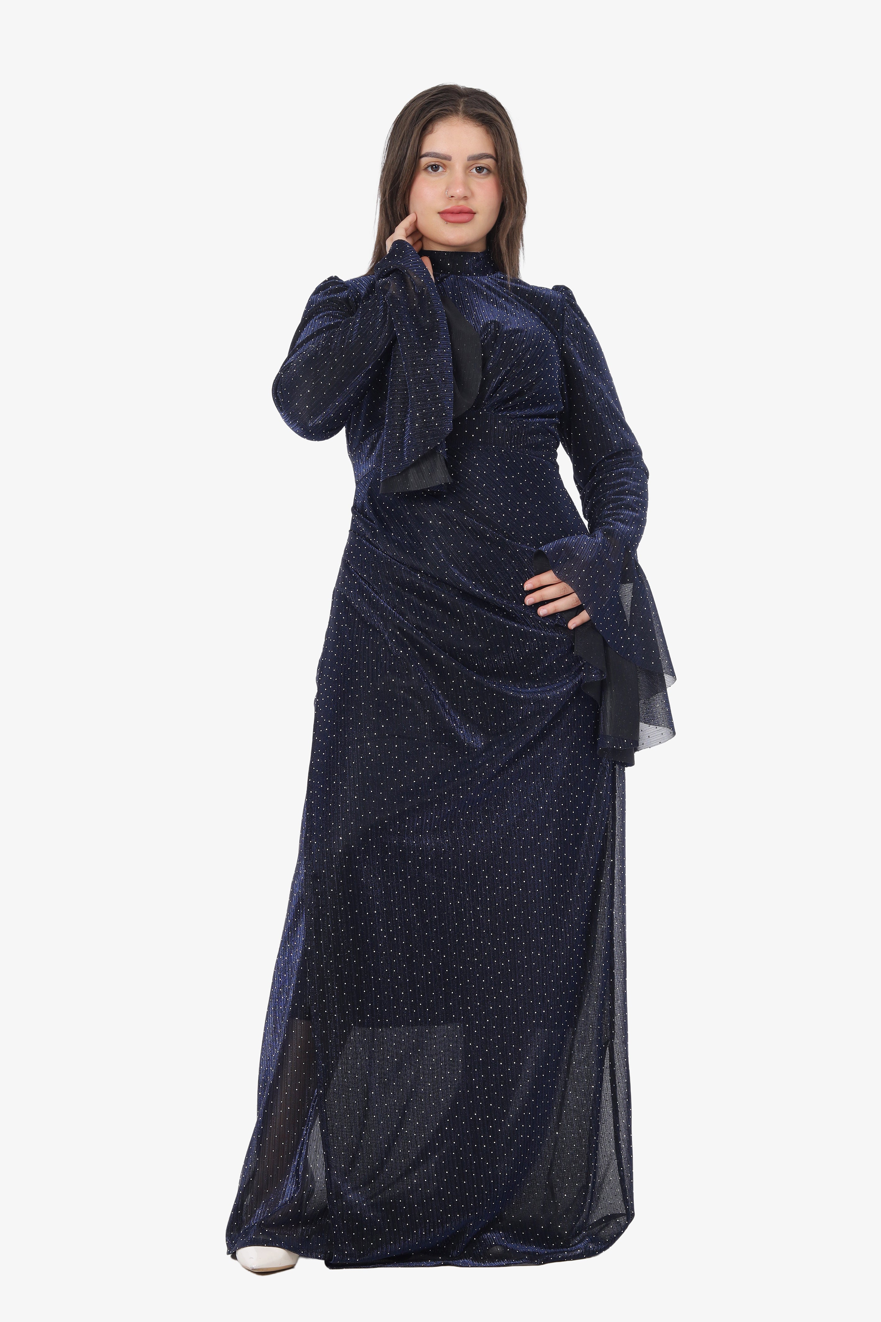 Polka Dot Evening Dress with Ruffle Sleeves 7031124
