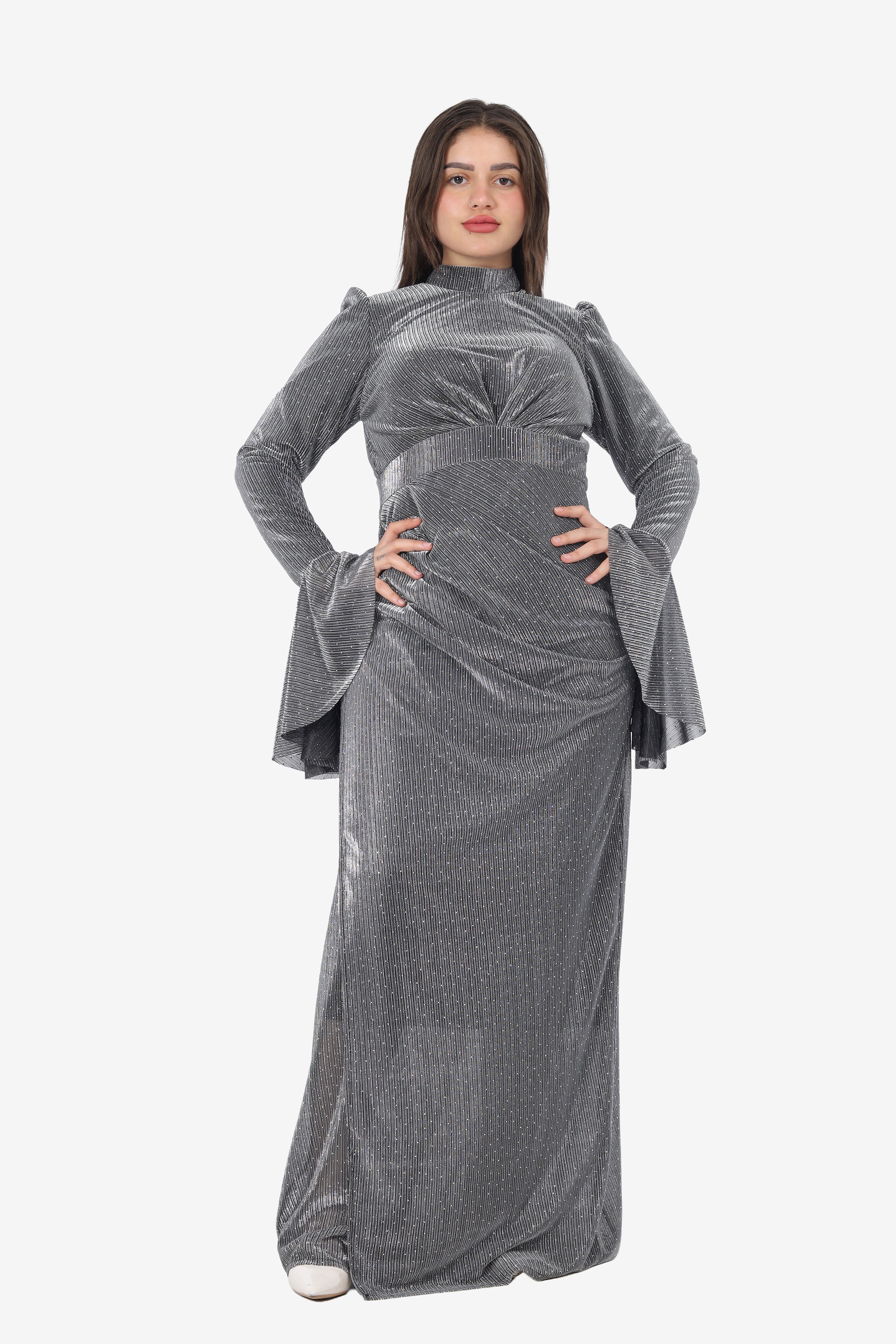 Polka Dot Evening Dress with Ruffle Sleeves 7031124