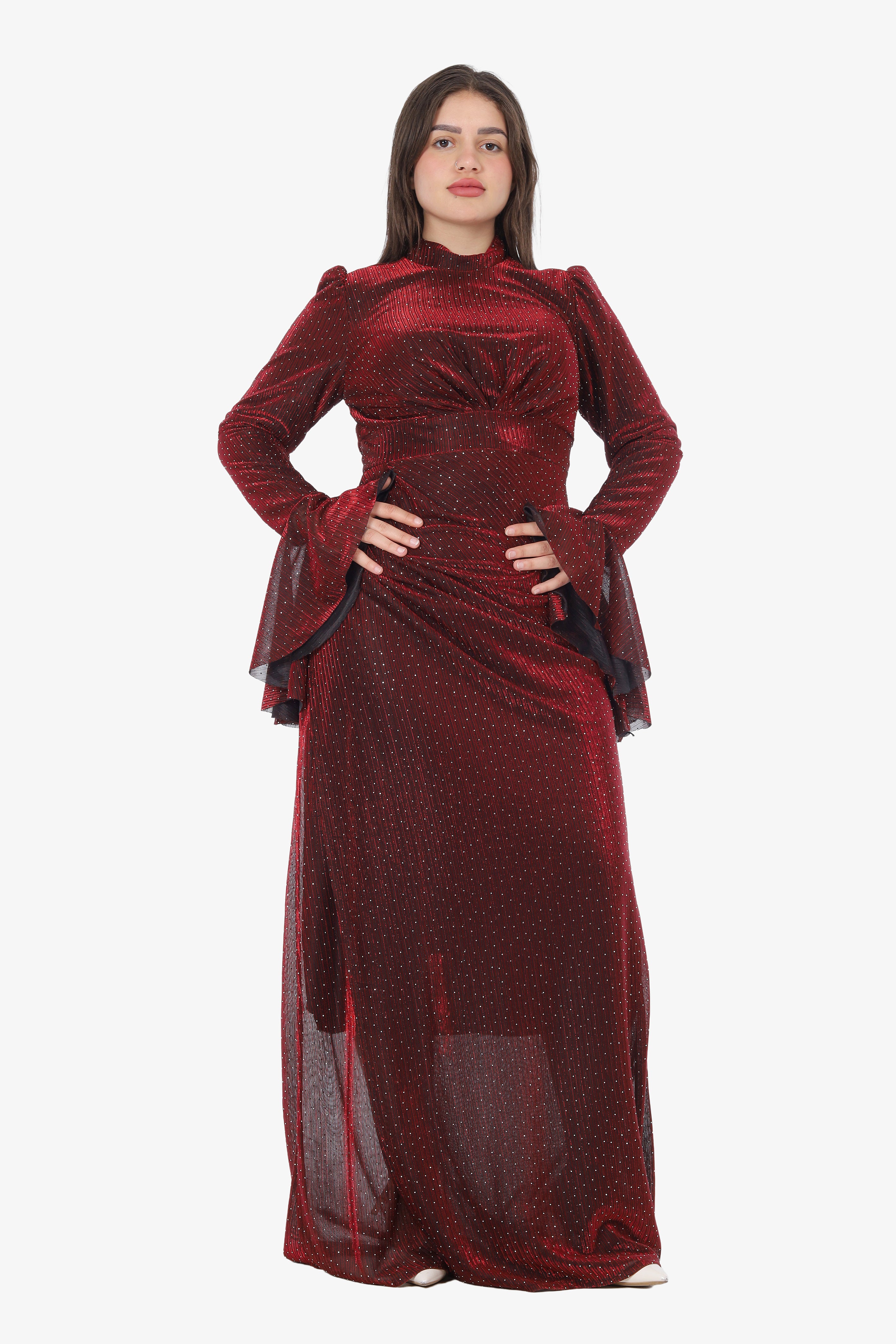Polka Dot Evening Dress with Ruffle Sleeves 7031124