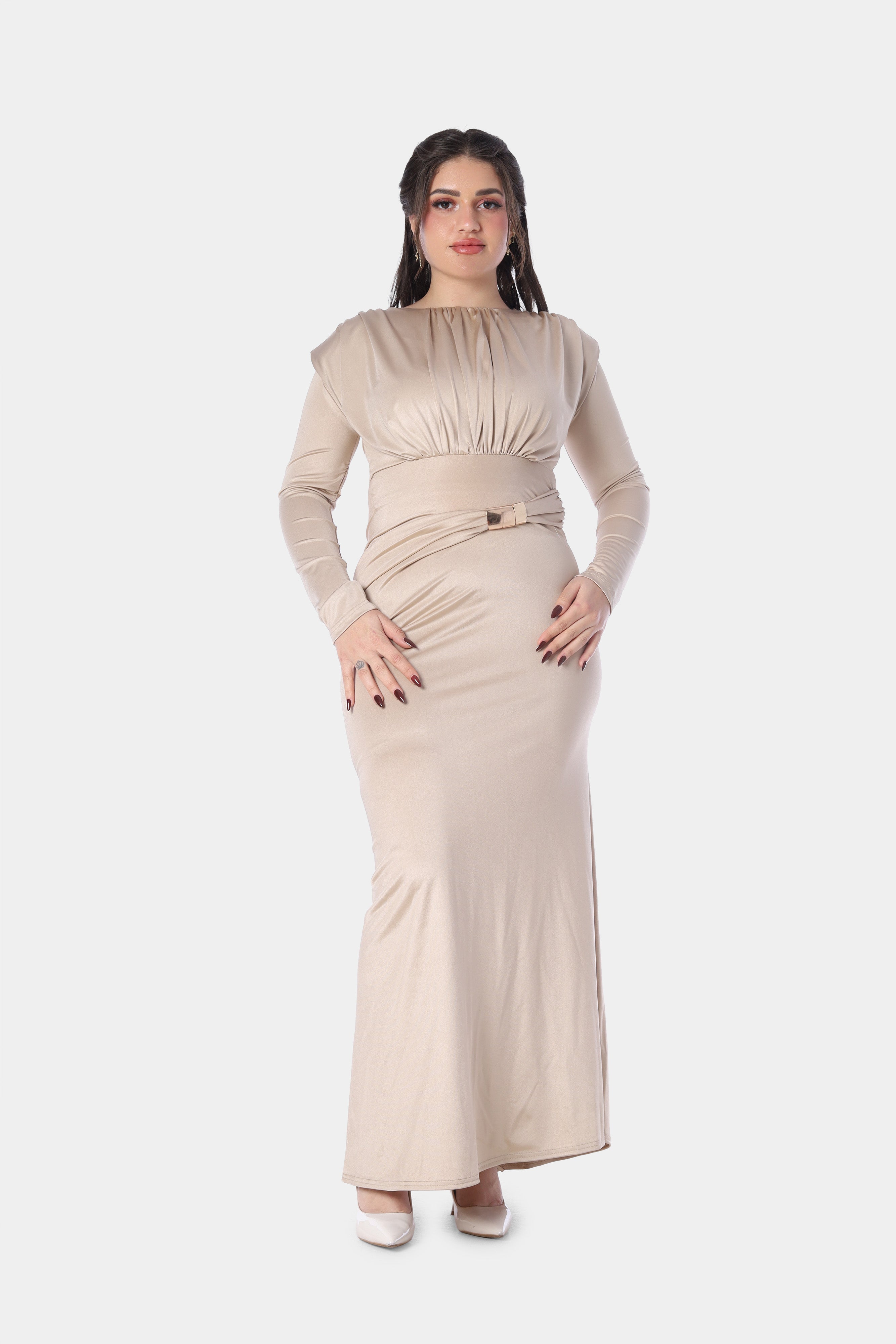 Elegant Ruched Waist Midi Dress with Belt 7031126