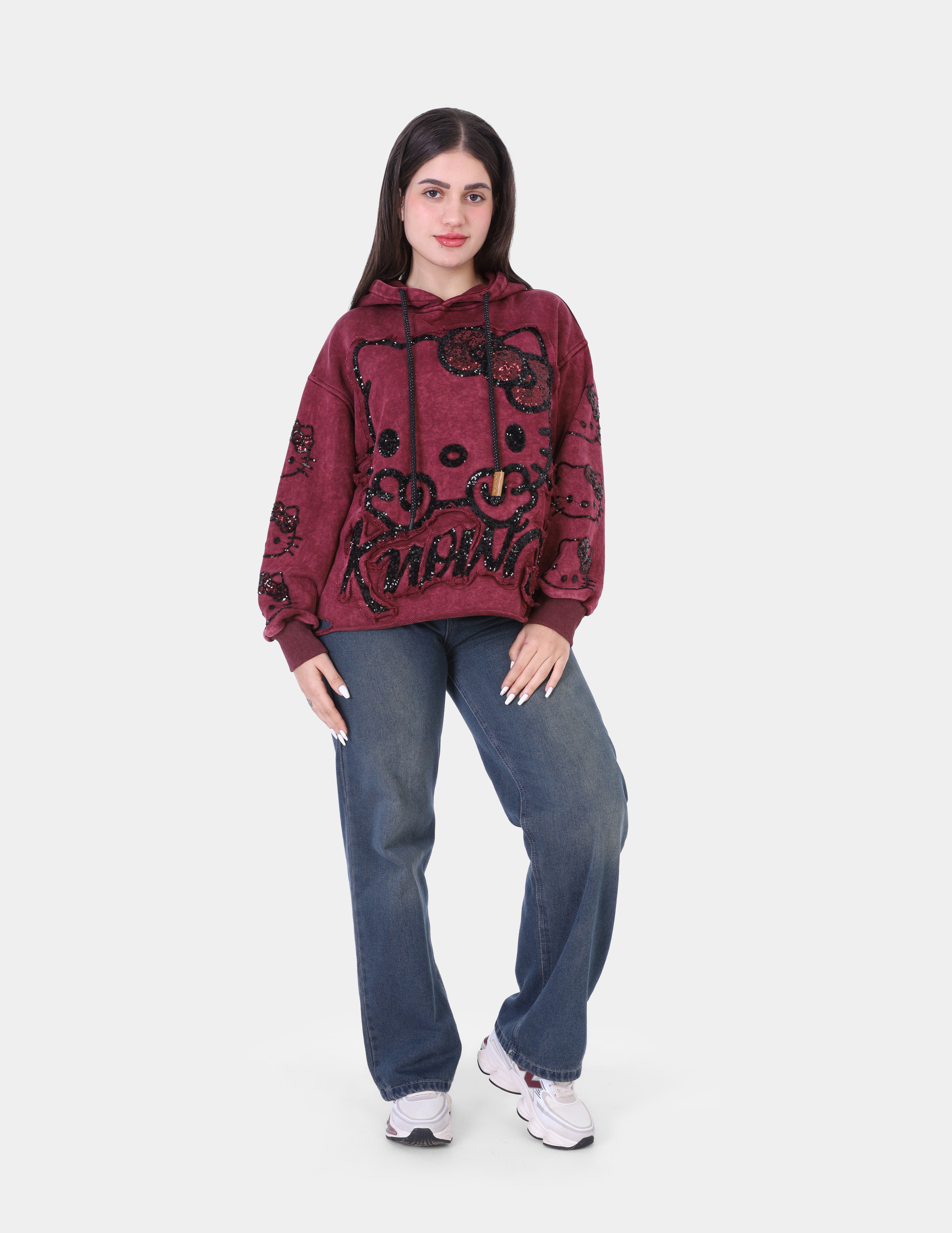 Oversized Cartoon Graphic Hoodie with Glitter Embroidery w17543713