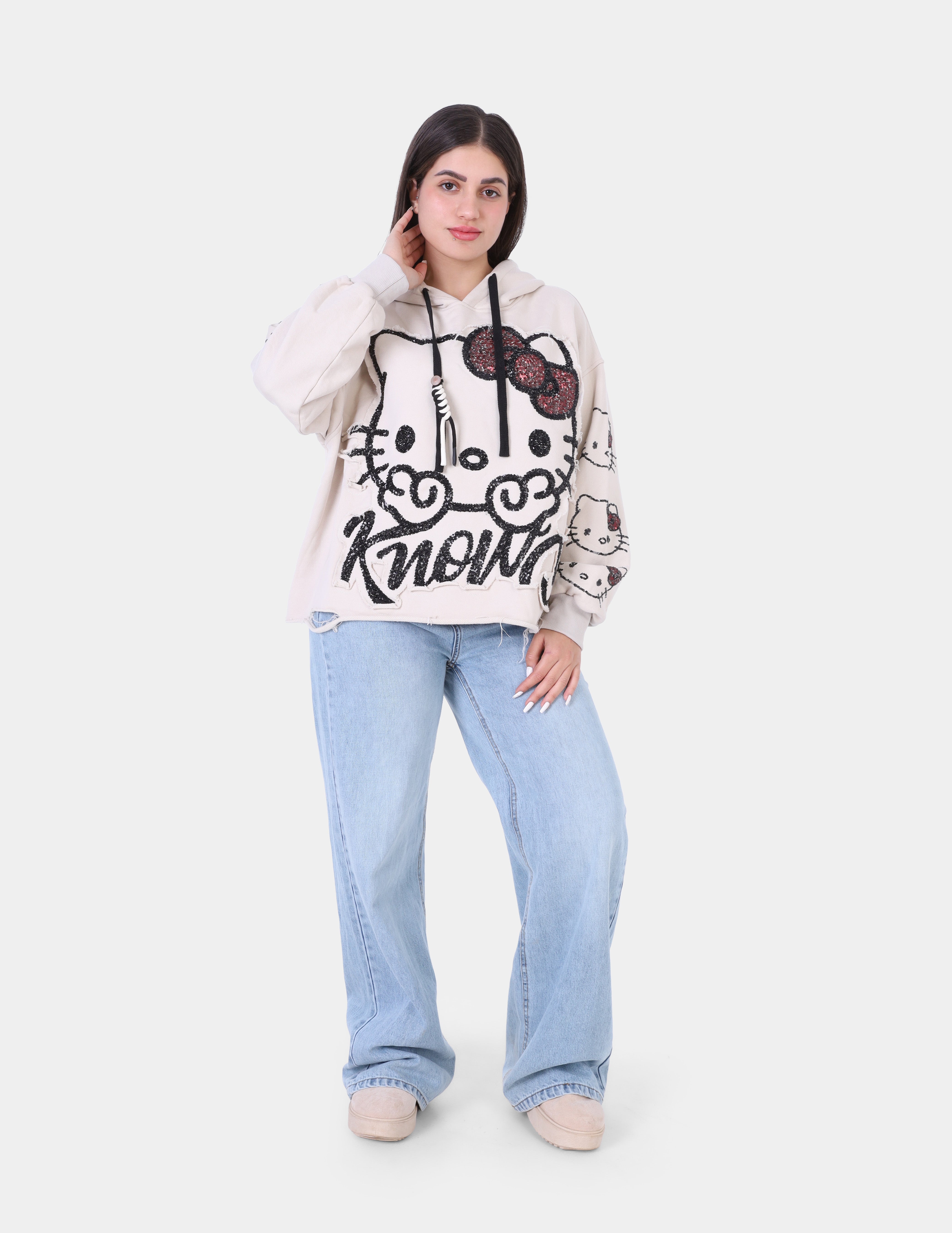 Oversized Cartoon Graphic Hoodie with Glitter Embroidery w17543713