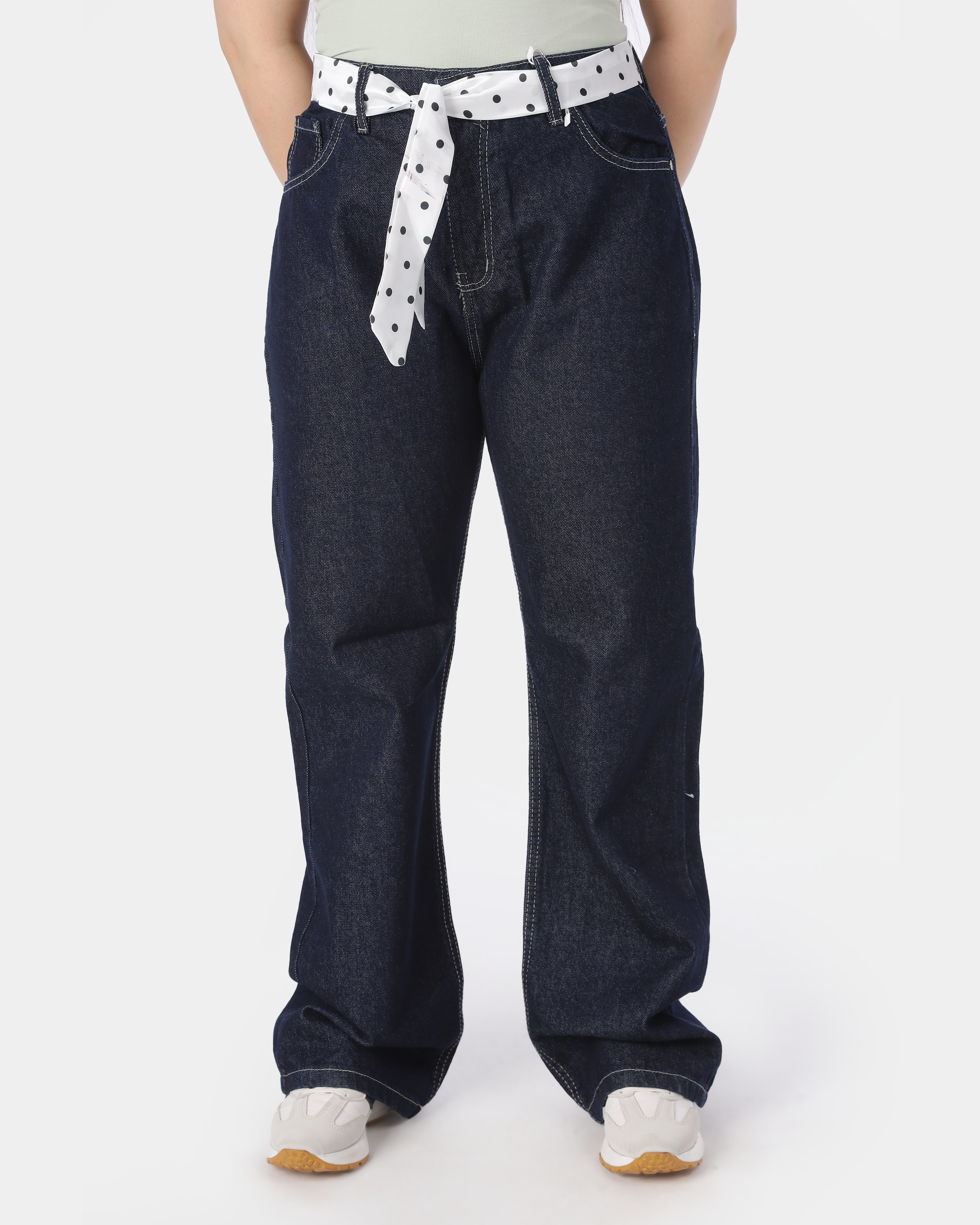 Wide Leg Jeans with Satin Waist Belt 9527070