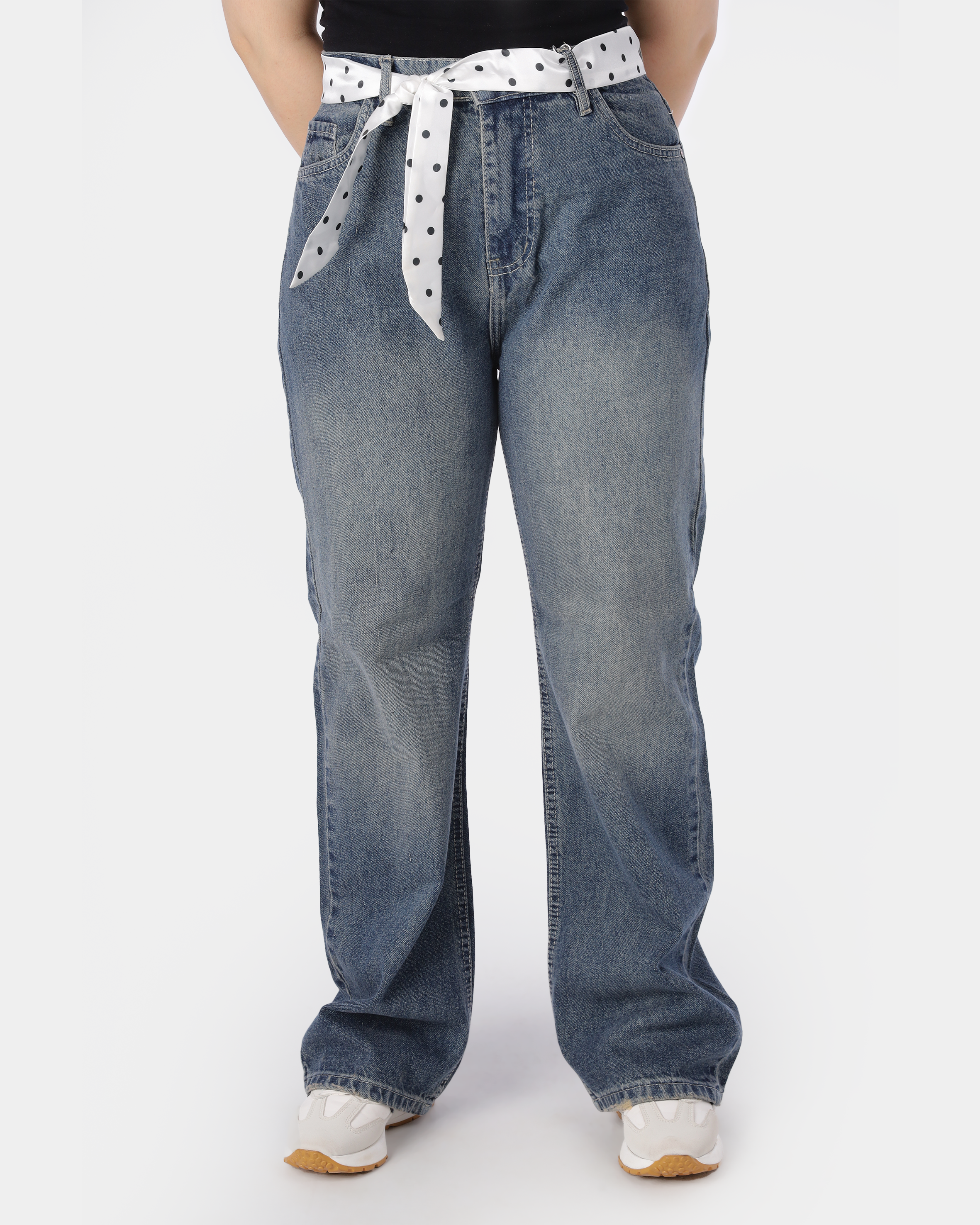 Wide Leg Jeans with Satin Waist Belt 9527070