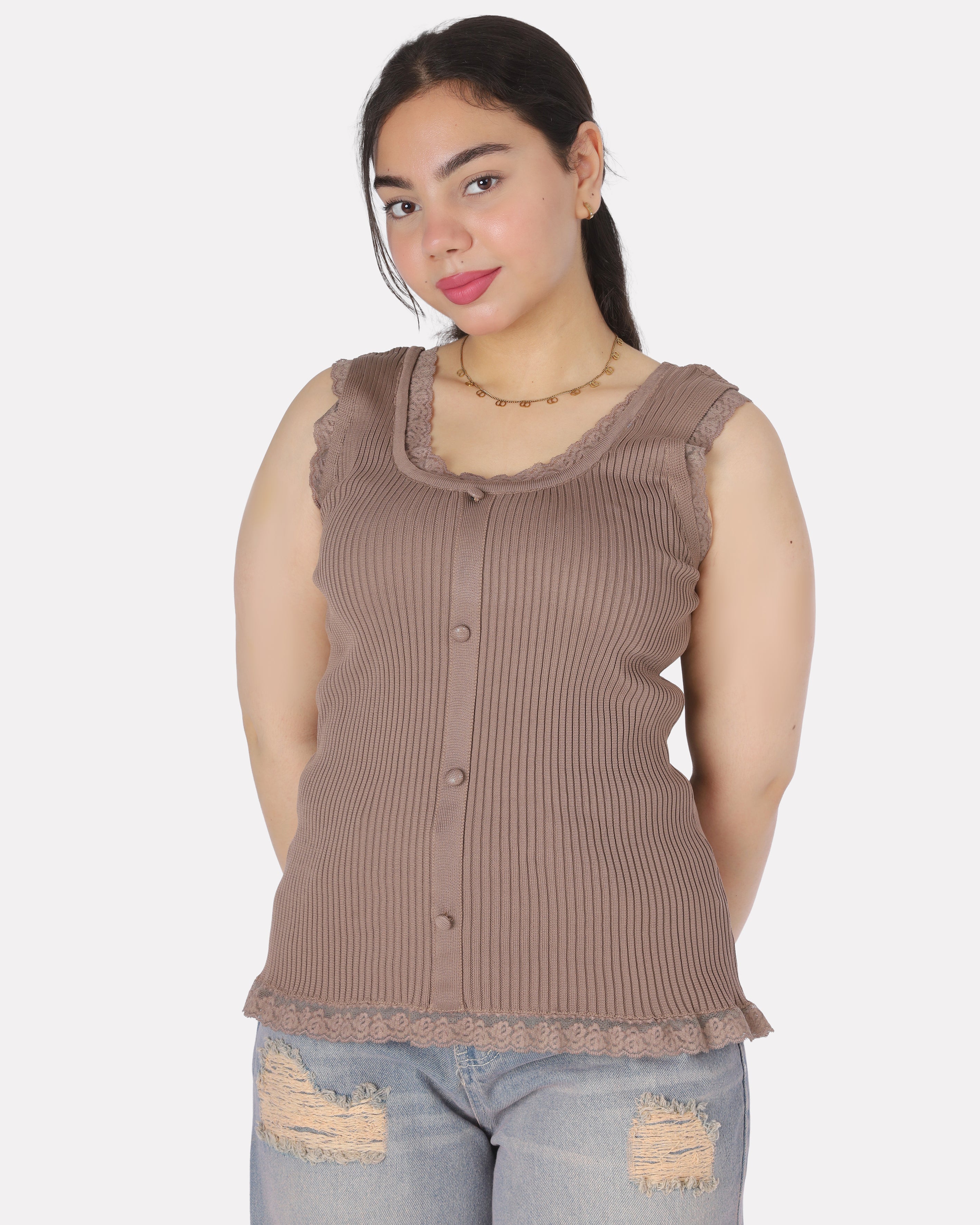 Ribbed Knit Lace Trim Sleeveless Top 995B027